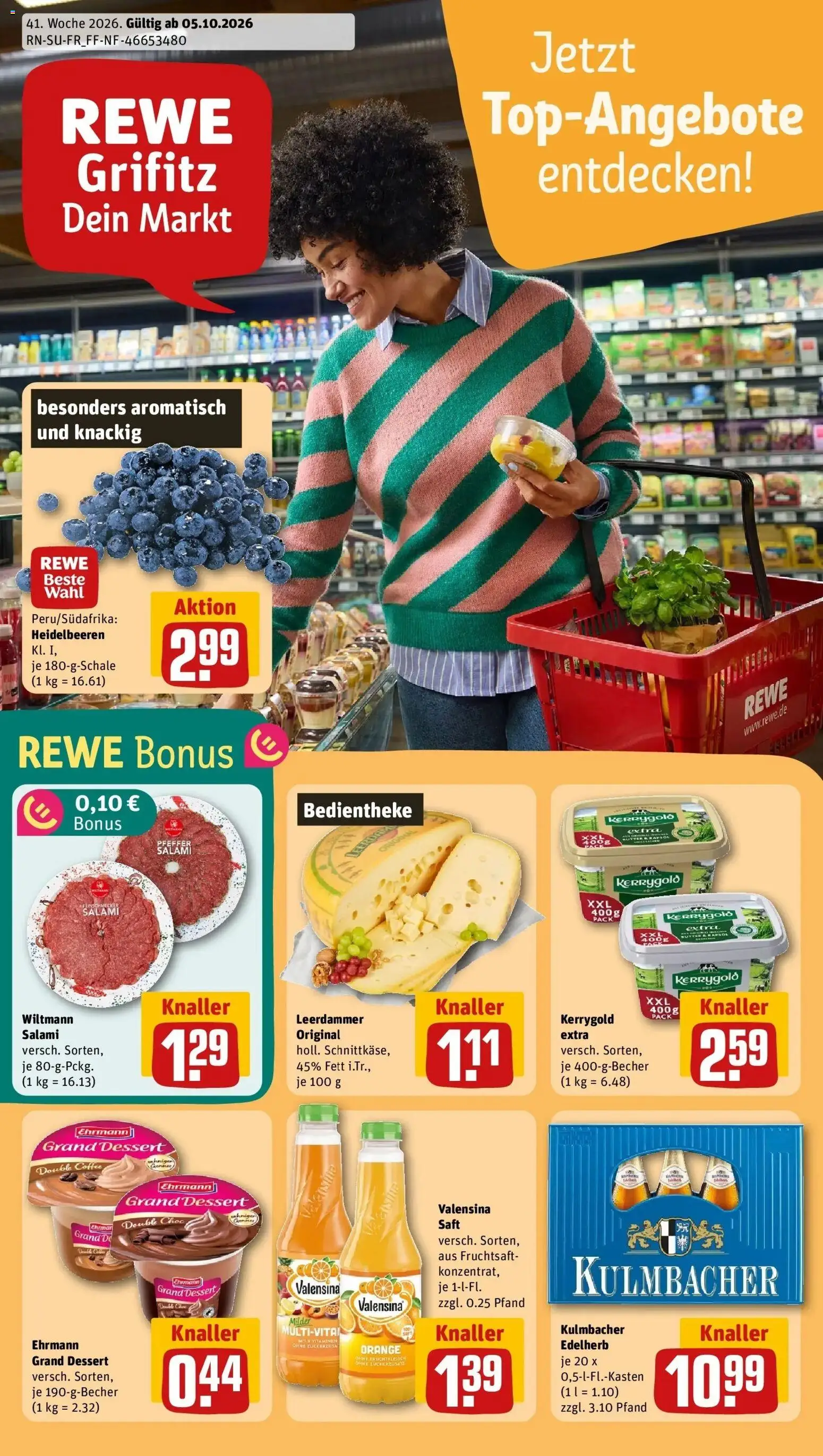 REWE Prospekt ab 05.10.2026 zum Blättern » Angebote | Seite: 1 | Produkte: Leerdammer, Valensina, Salami, Fruchtsaft