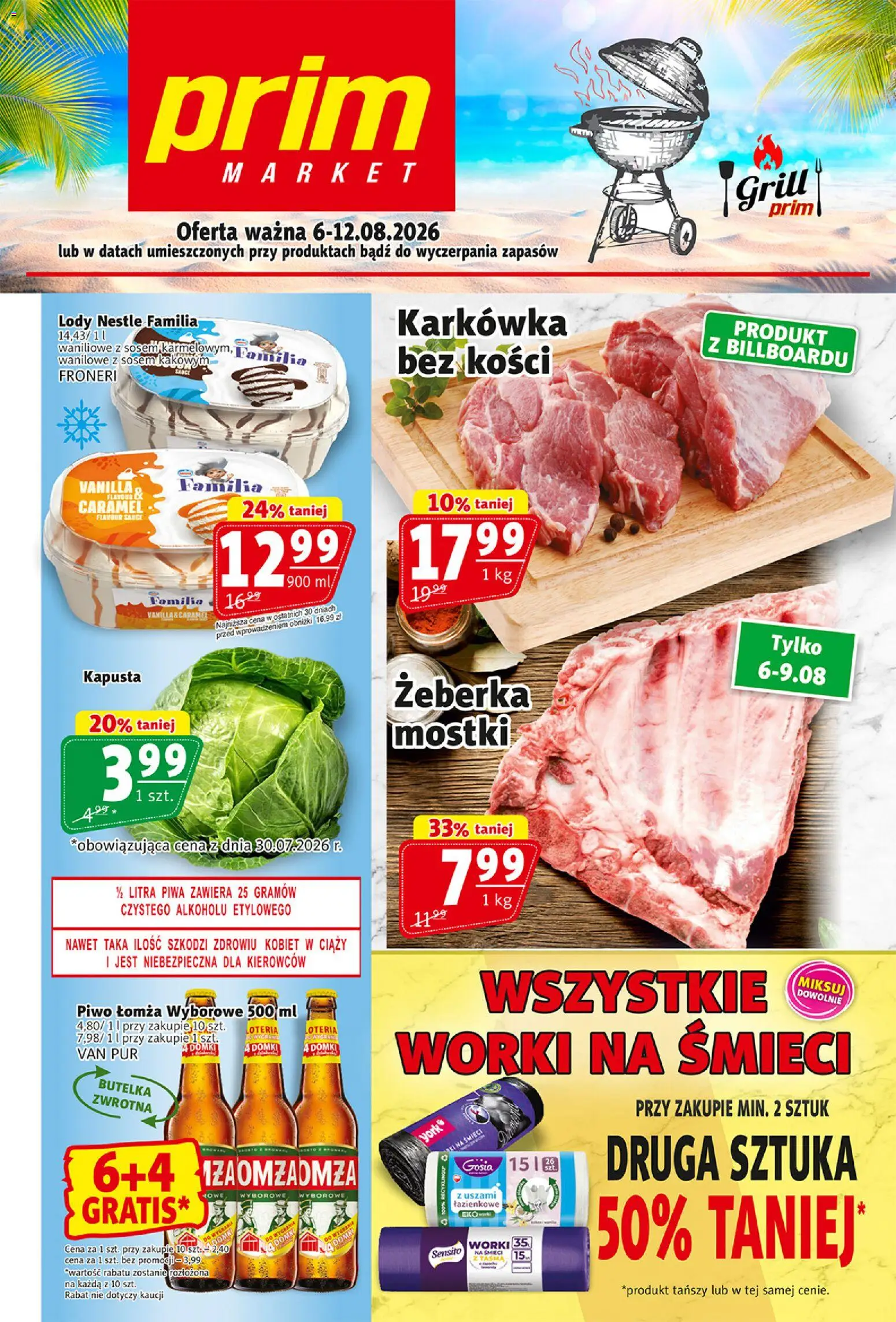 Prim Market gazetka od 06.08.2026 | Strona: 1 | Produkty: Kapusta, Karkówka, Piwo, Lody