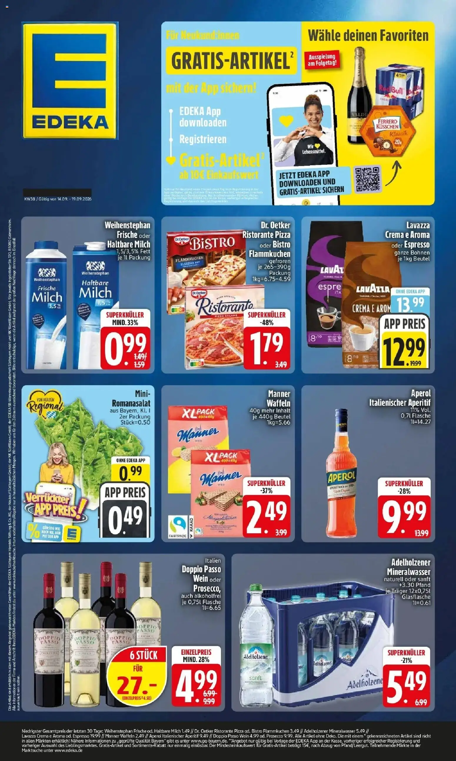 Edeka Prospekt Neusäß-Steppach (ab 14.09.2026) » Angebote Online | Seite: 1 | Produkte: Mineralwasser, Waffeln, Prosecco, Doppio Passo