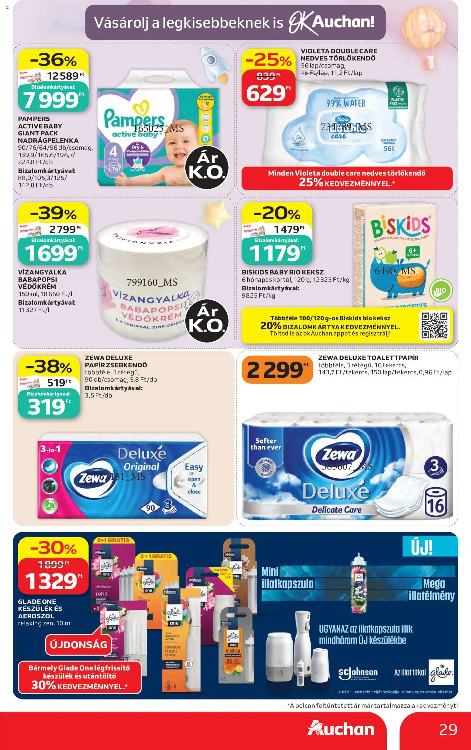 Auchan akciós ujság - amely érvényes a következő dátumtól: 2026.08.27. | Oldal: 29 | Termékek: Lé, Pelenka, Nedves törlőkendő, Papír zsebkendő