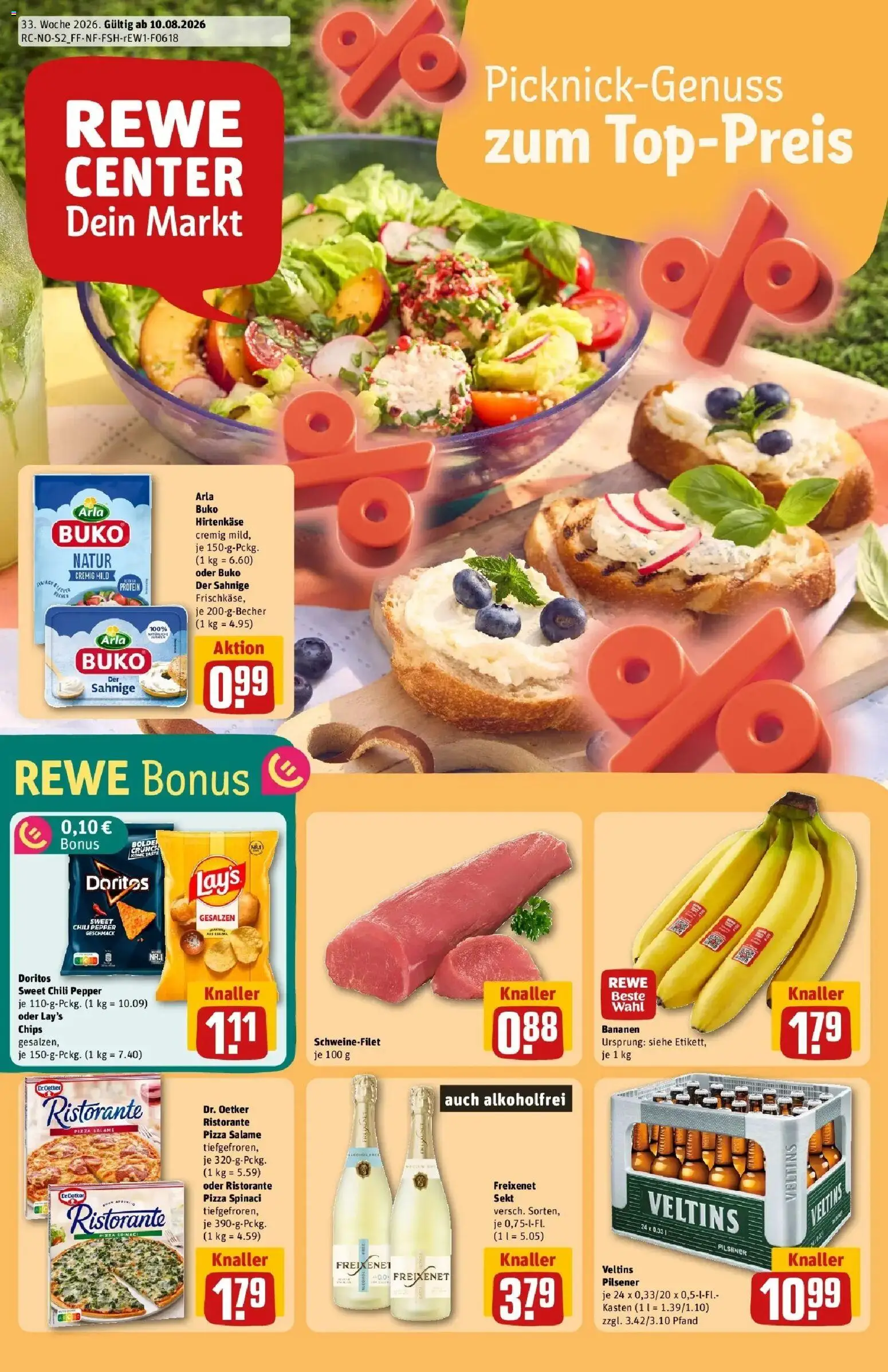 REWE Prospekt ab 10.08.2026 zum Blättern » Angebote | Seite: 1 | Produkte: Freixenet, Arla buko, Chili, Pizza
