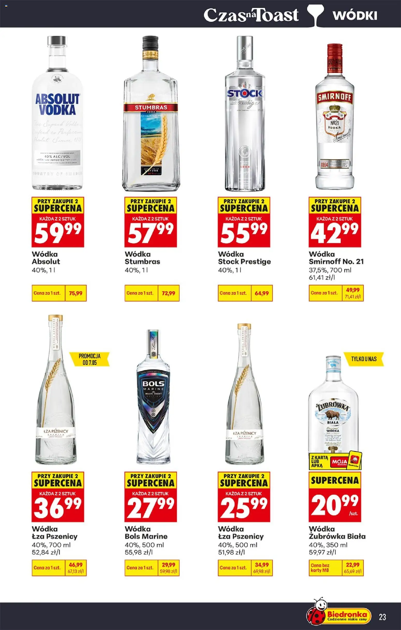 Biedronka gazetka - Czas na toast od 04.05.2026 | Strona: 23 | Produkty: Wódka Absolut, Karta, Wódka Stock, Wódka