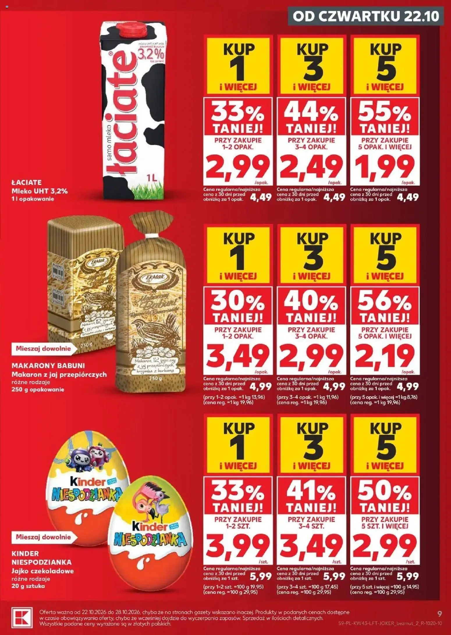 Kaufland aktualna gazetka od 22.10.2026 - od jutra PDF | Strona: 9 | Produkty: Kinder niespodzianka, Mleko UHT, Pasta, Makarony