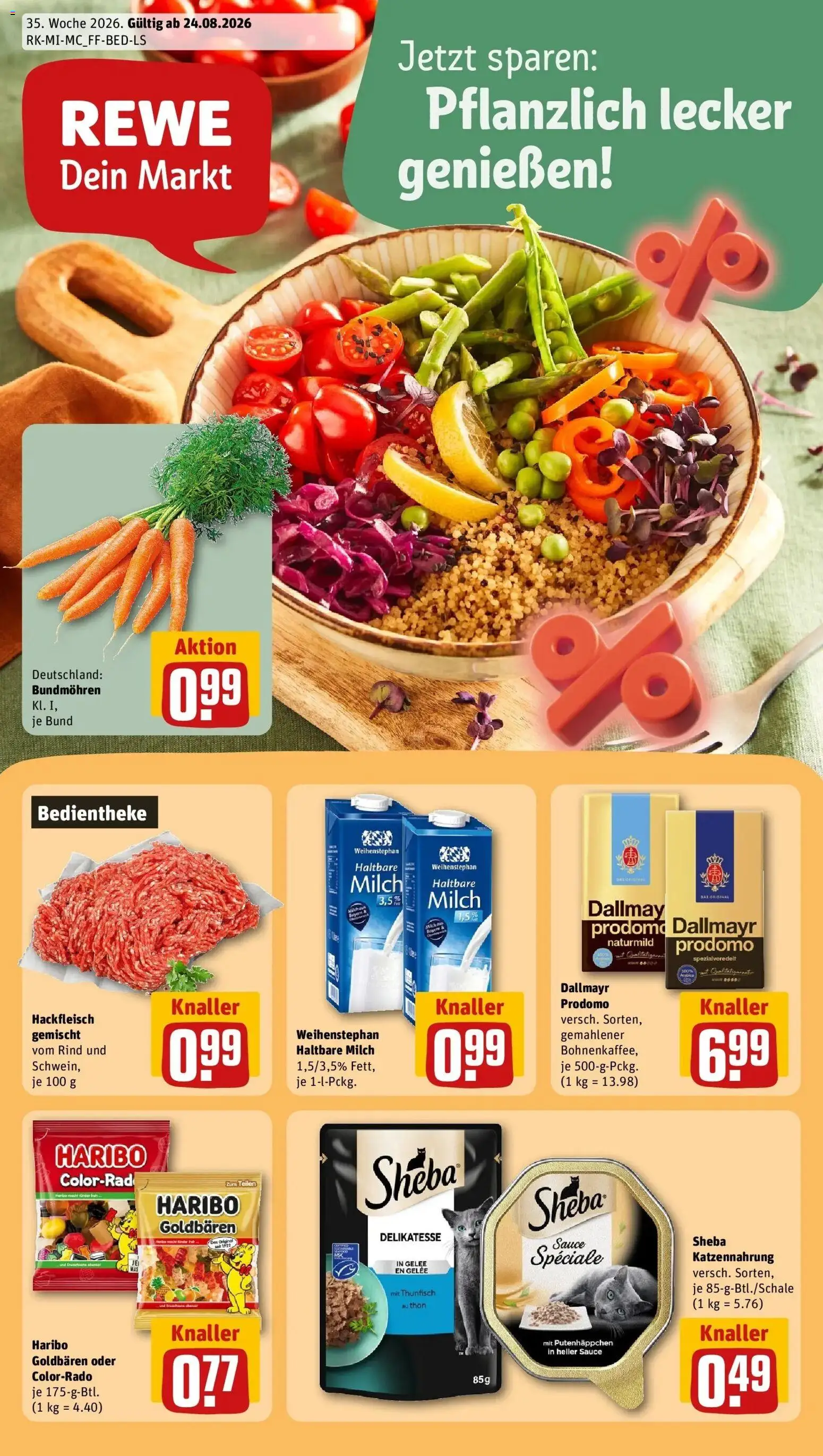 REWE Prospekt ab 24.08.2026 zum Blättern » Angebote | Seite: 1 | Produkte: Haribo, Thunfisch, Dallmayr, Hackfleisch