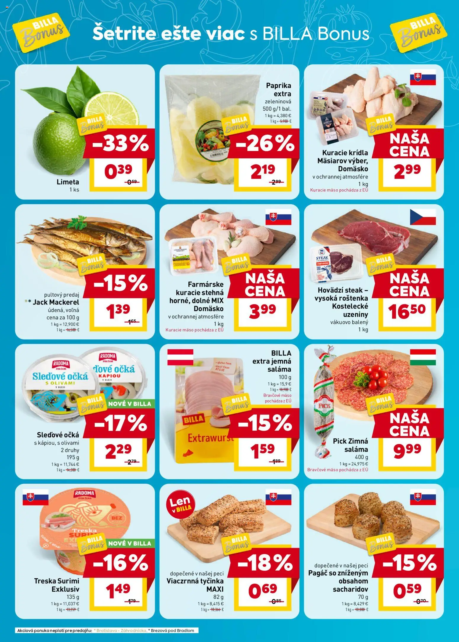 Nové Billa akcie – leták je platný od 17.06.2026 | Strana: 2 | Produkty: Saláma, Bravčové mäso, Kuracie krídla, Treska