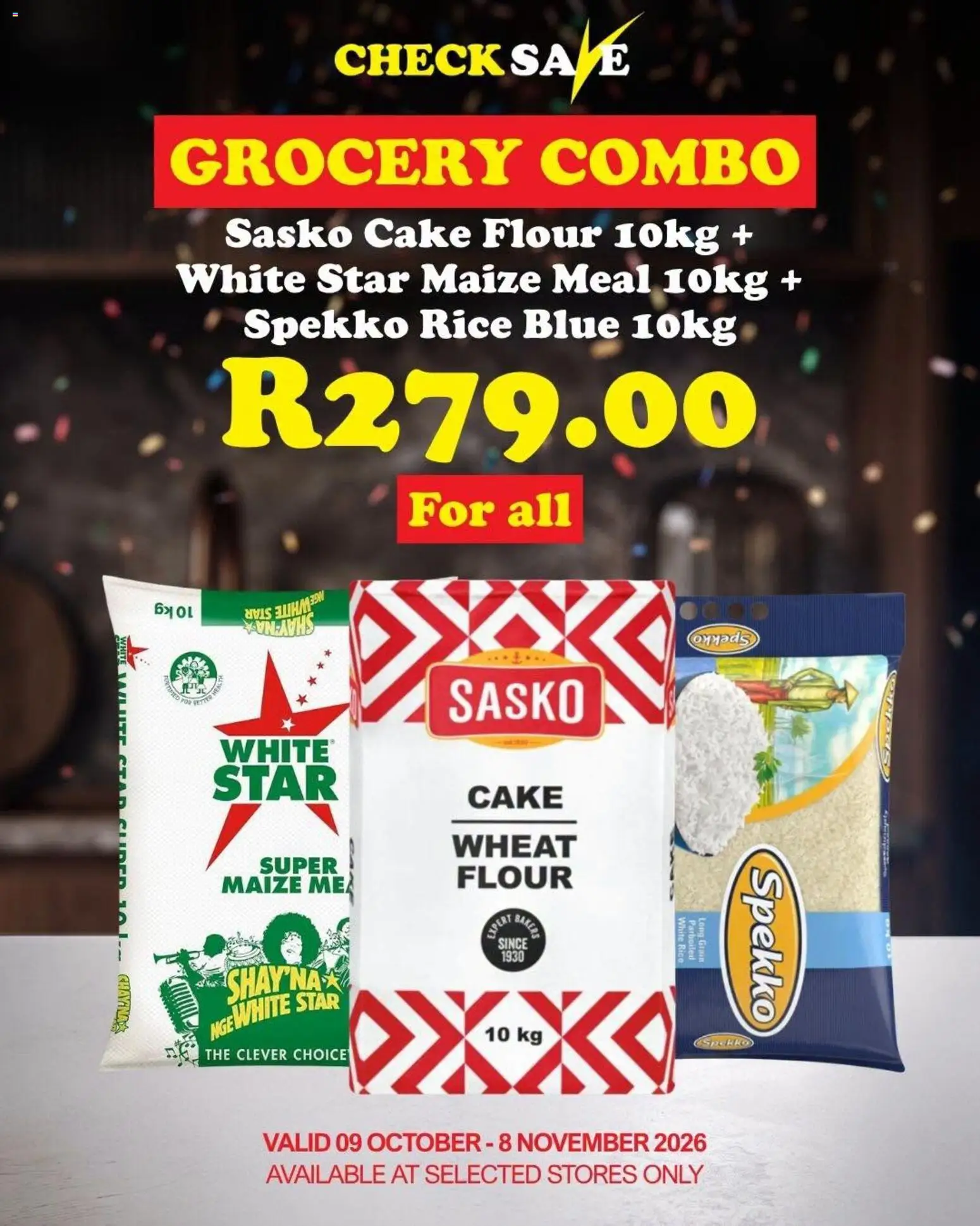 New Check Save catalogue – valid from 09/10/2026 | Page: 1 | Products: Cake, Flour, Maize meal, Rice