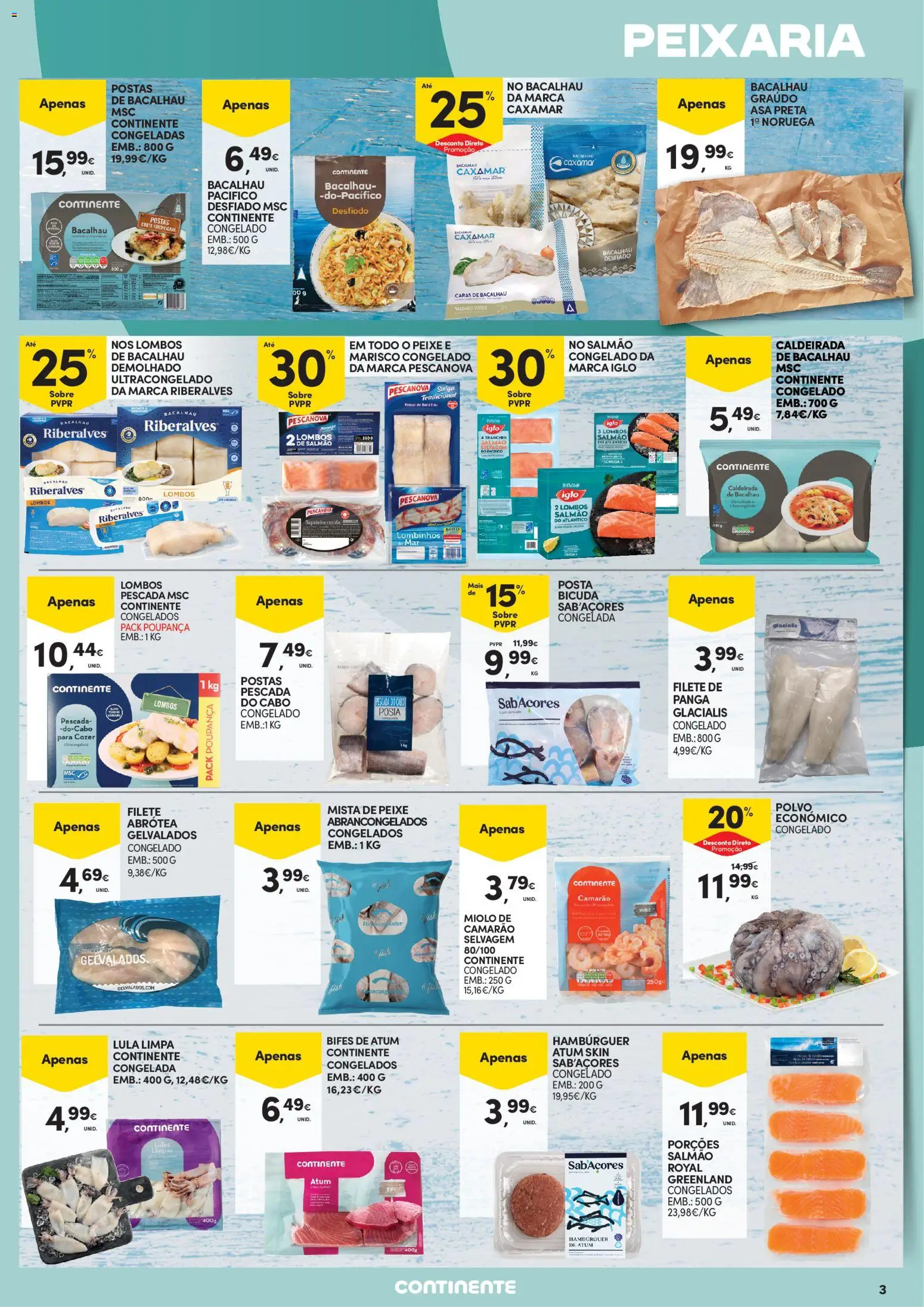 Continente Açores │ válido de 25/06/2026 | Página: 3 | Produtos: Bacalhau, Polvo, Salmão, Sapateira