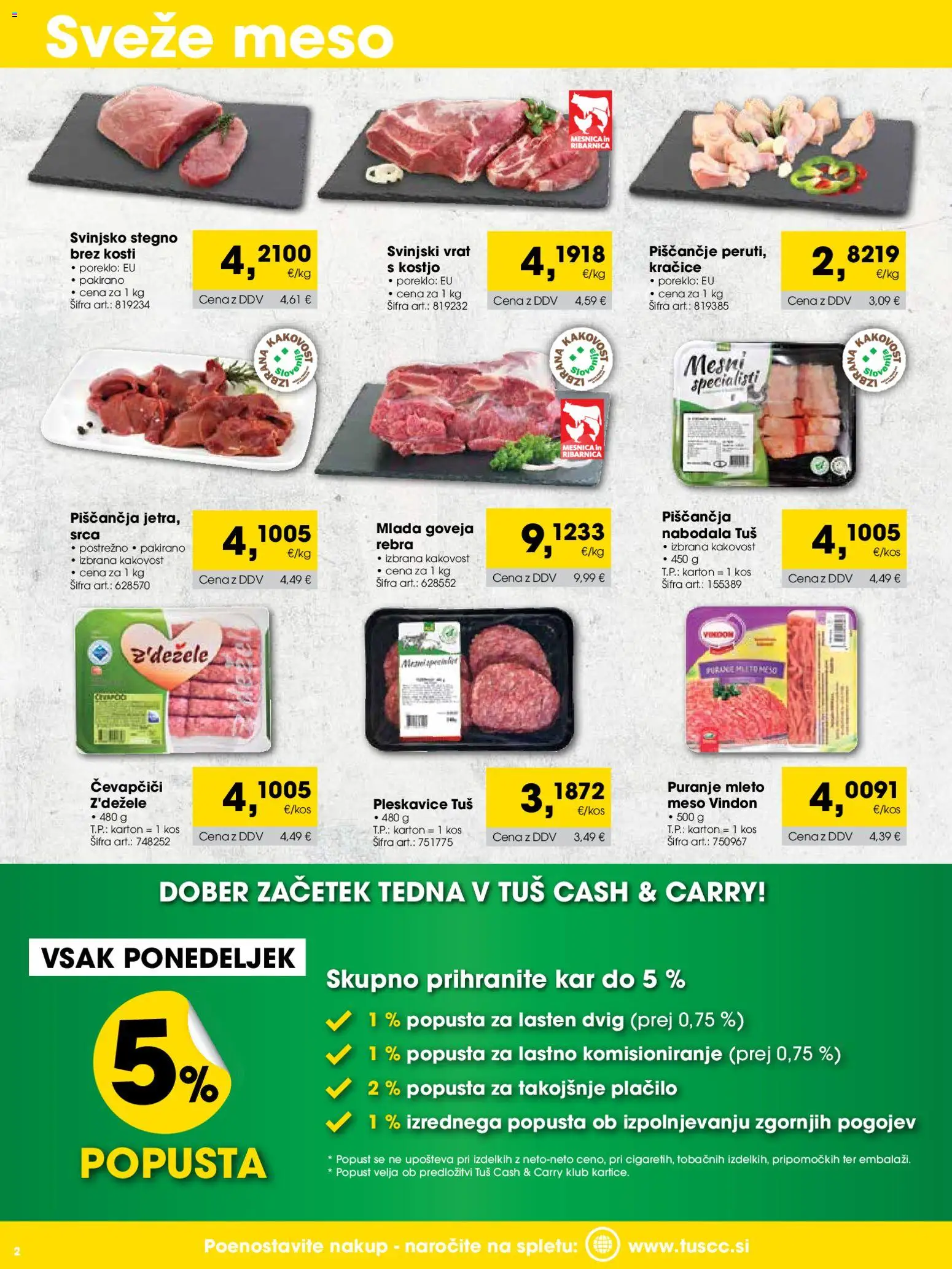 Novi Tuš katalog ponudbe – veljaven od 01.05.2026 | Stran: 2 | Izdelki: Čevapčiči, Pleskavice, Kos, Nabodala