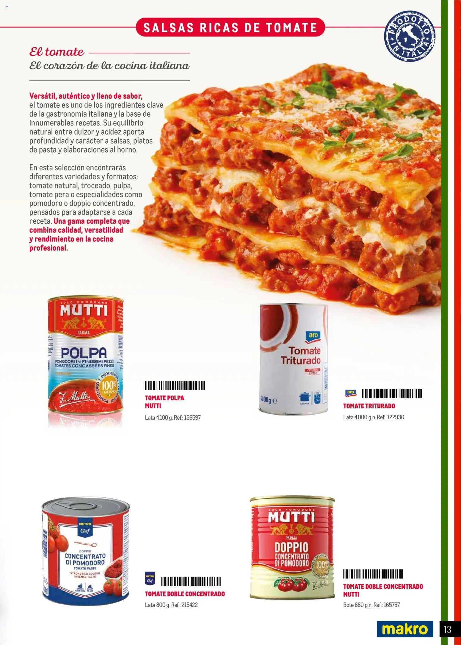 Makro Restaurantes italianos Prat │ válido desde el 27.03.2026 | Página: 13 | Productos: Tomates, Pasta, Cocina, Tomate triturado