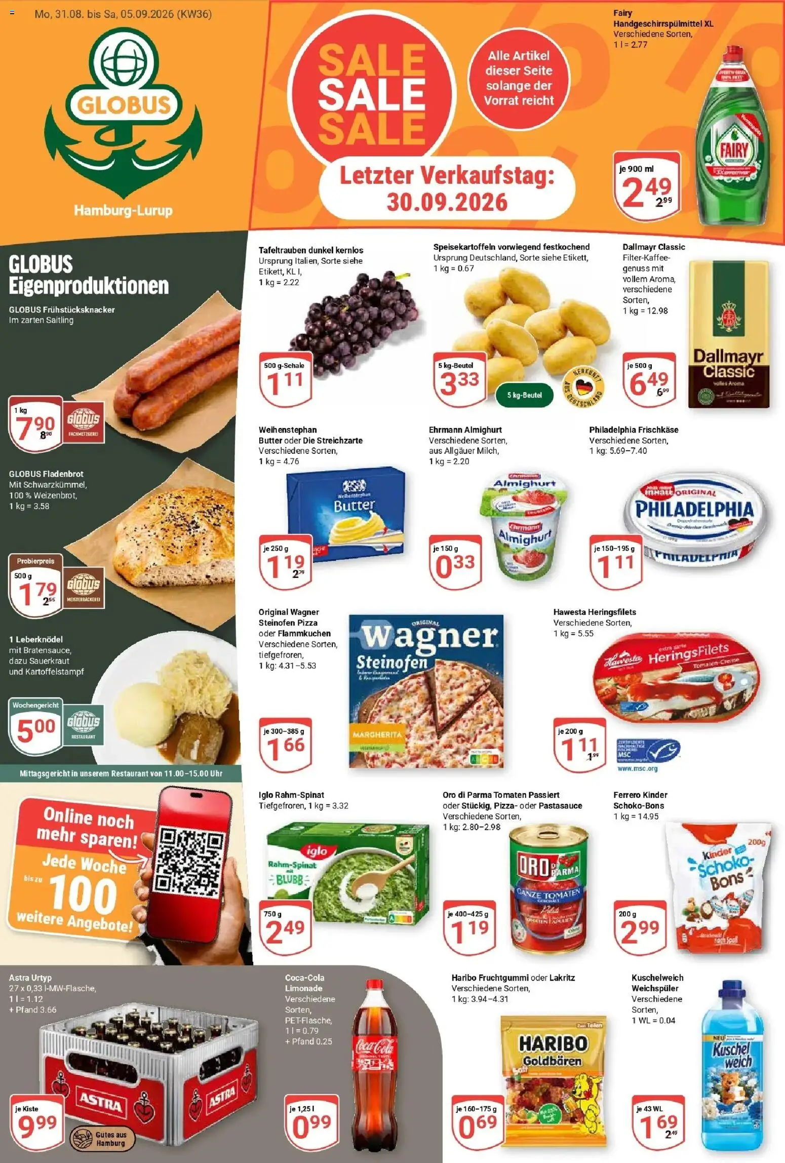 Globus Aktueller Prospekt (ab 31.08.2026) » Angebote online | Seite: 1 | Produkte: Coca cola, Ehrmann almighurt, Philadelphia, Oro di parma