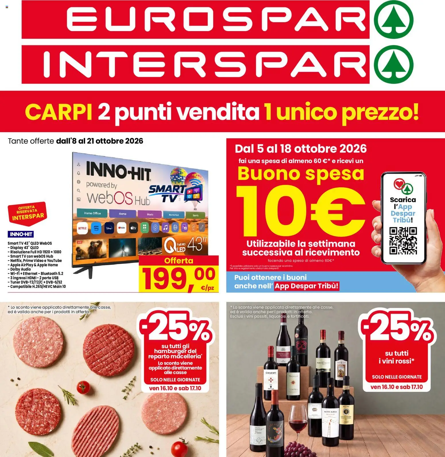 Volantino Eurospar del 08/10/2026 | Pagina: 1 | Prodotti: TV, Video, Audio, Hamburger