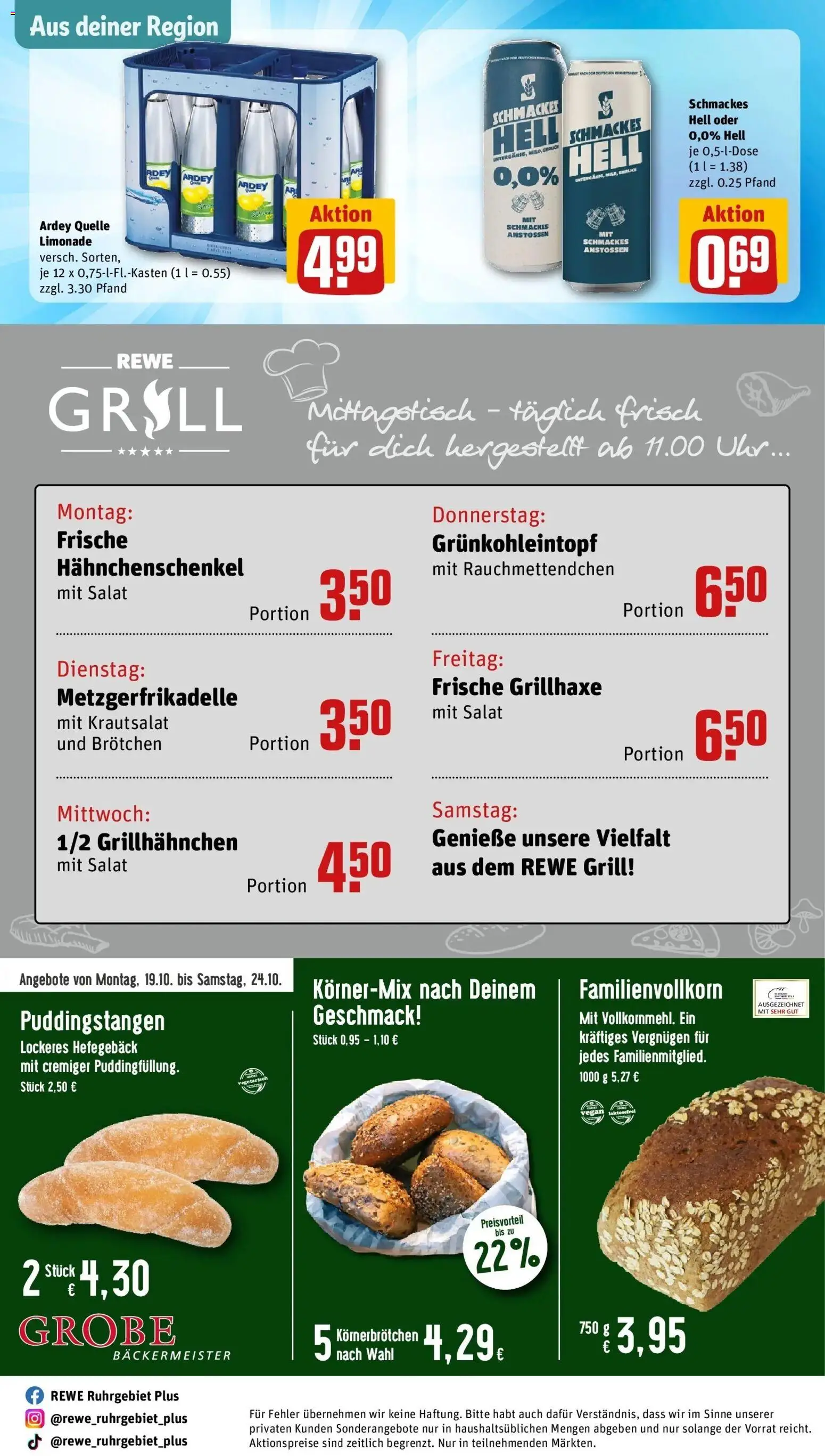 REWE Prospekt ab 19.10.2026 zum Blättern » Angebote | Seite: 33 | Produkte: Grill, Hahnchenschenkel, Limonade, Uhr