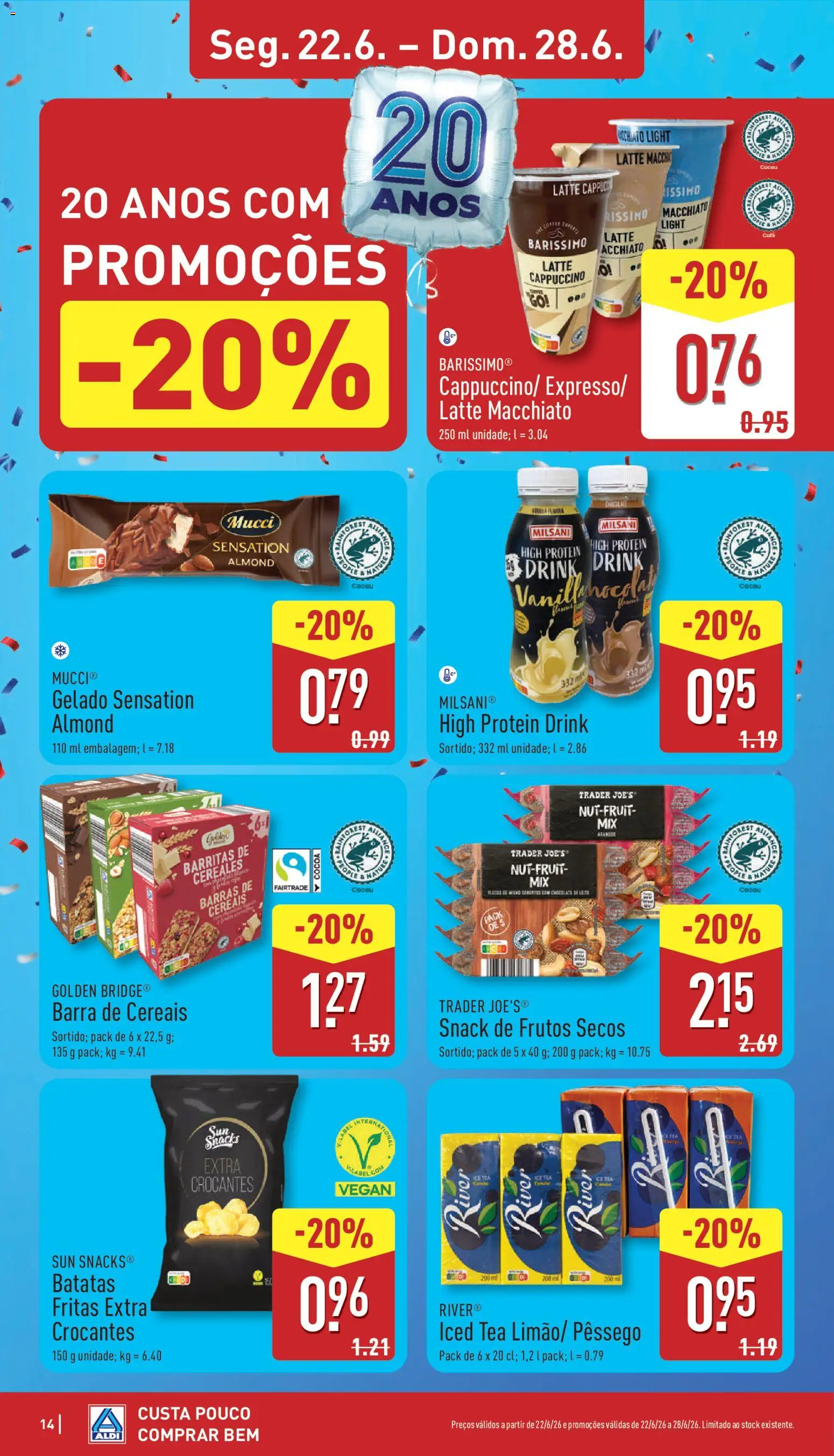 Aldi folheto │ válido de 22.06.2026 | Página: 14 | Produtos: Barras de cereais, Gelado, Cereais, Batatas fritas