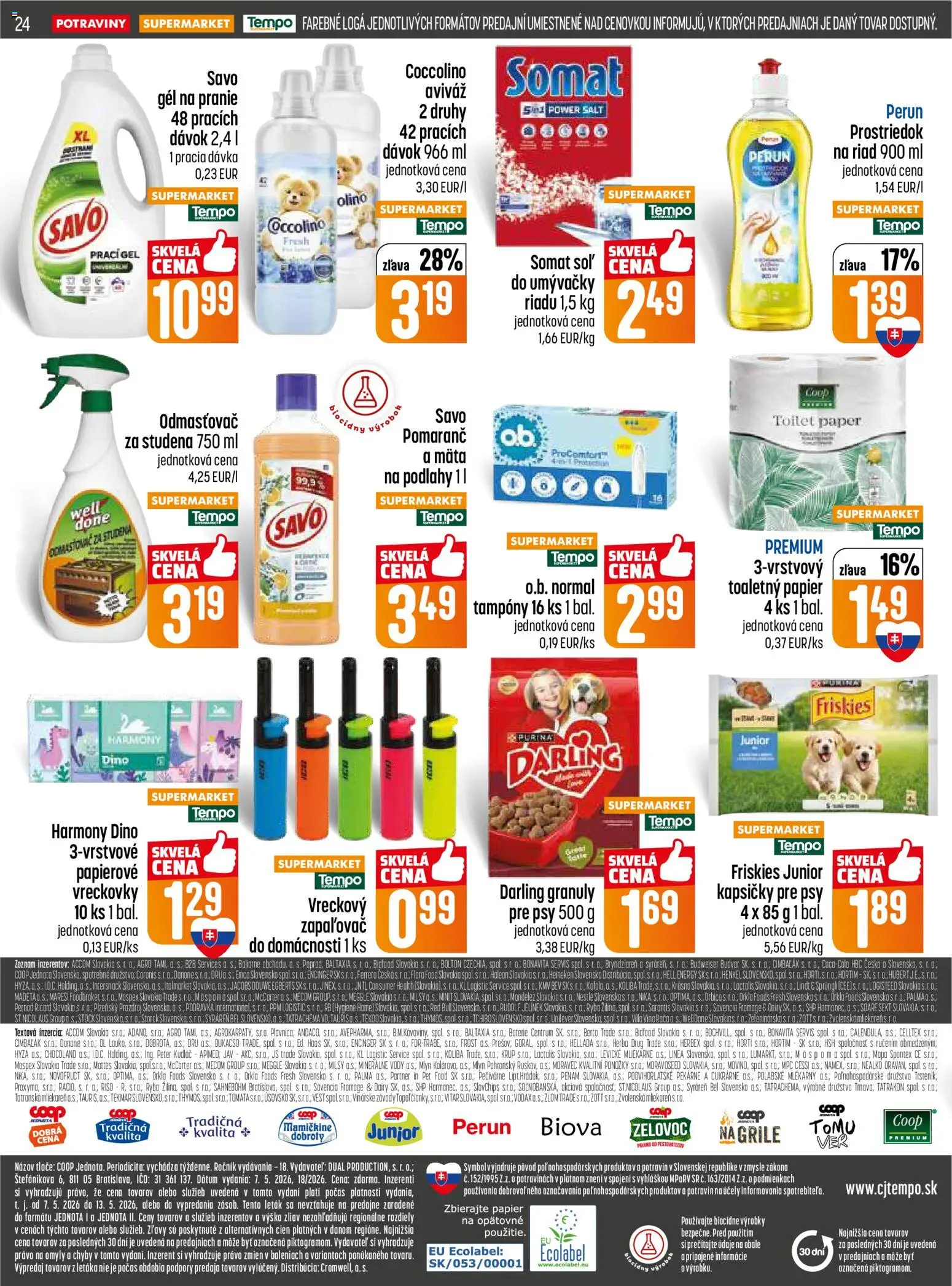 Nové COOP Jednota akcie – leták je platný od 07.05.2026 | Strana: 24 | Produkty: Friskies, Coccolino, Flora, Cola