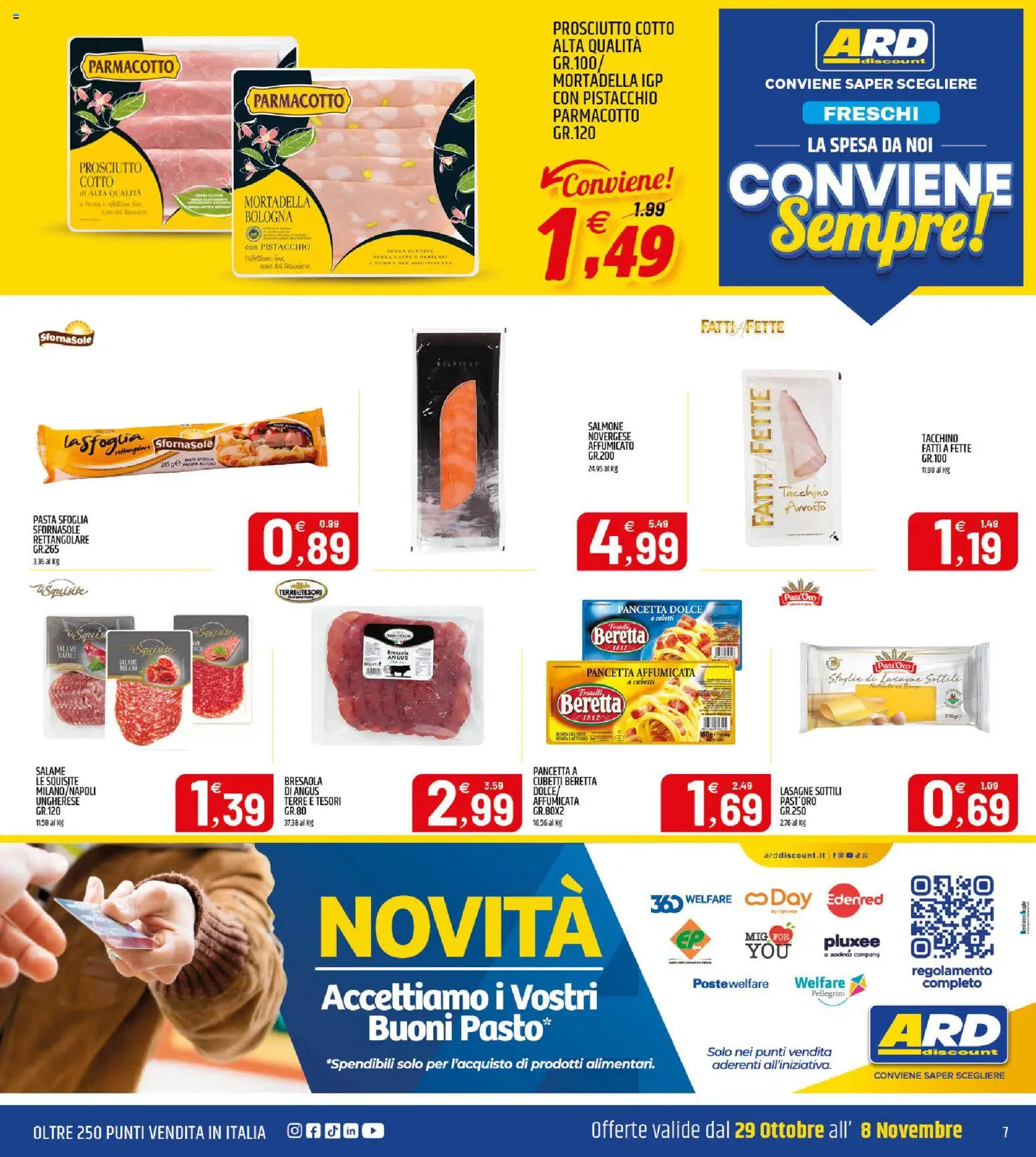 Volantino ARD Discount del 29/10/2026 | Pagina: 7 | Prodotti: Salame, Tacchino, Prosciutto, Pasta