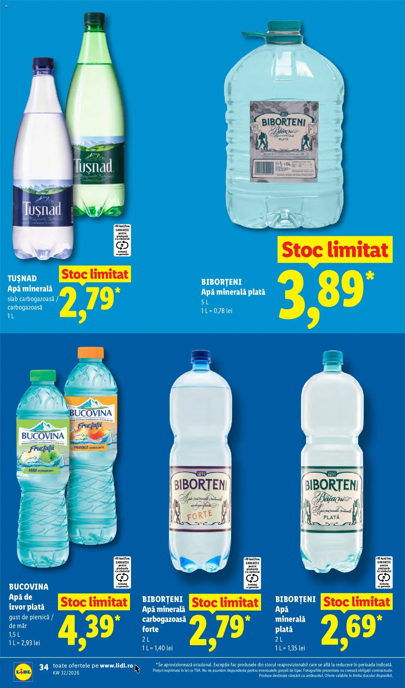 Noul catalog Lidl – valabil de la 03.08.2026 | Pagină: 34 | Produse: Piersică, Apa minerala plata, Apa minerala carbogazoasa, Apă