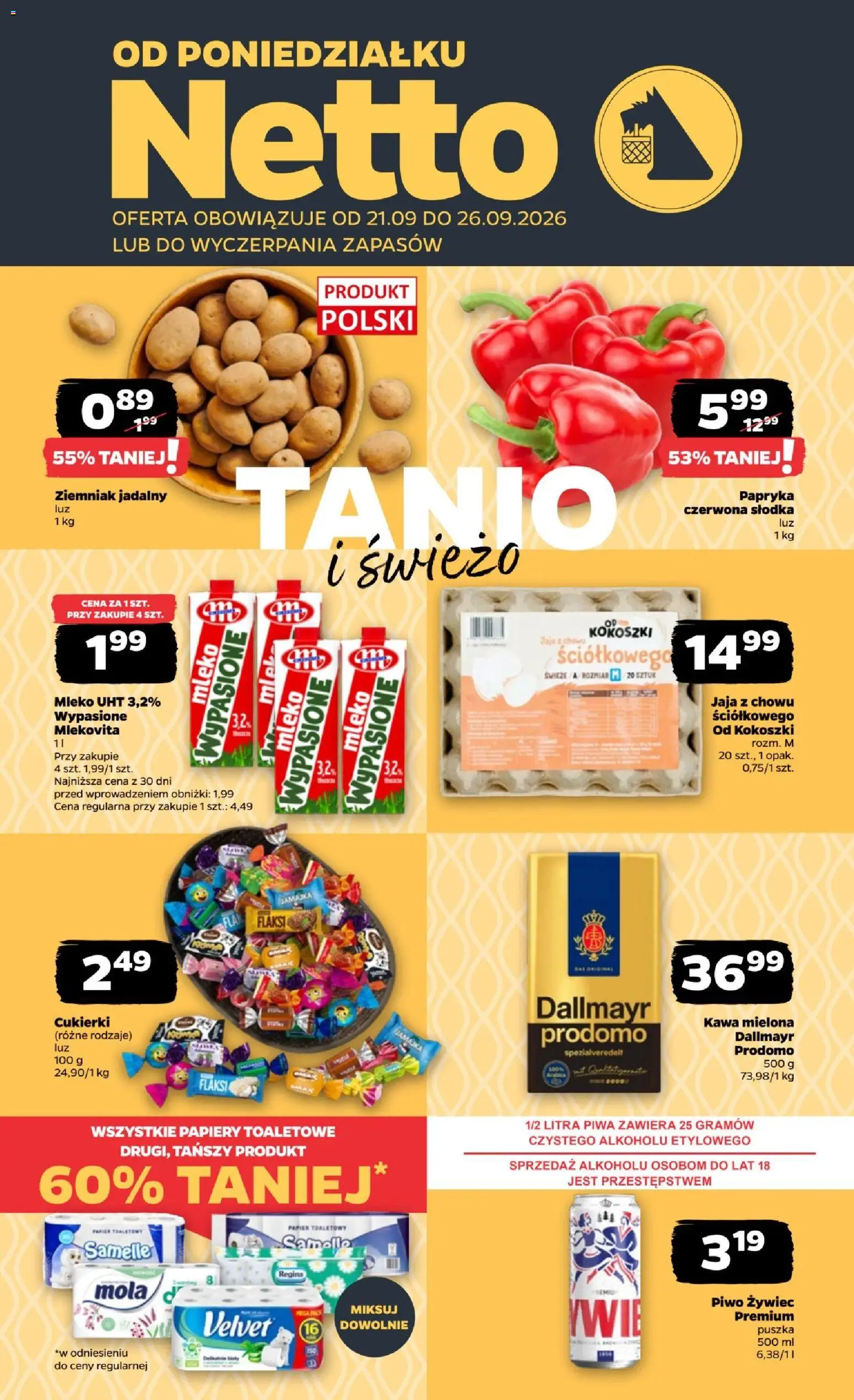 Netto gazetka od poniedziałku od 21.09.2026 | Strona: 1 | Produkty: Dallmayr, Bell, Mleko, Papryka czerwona