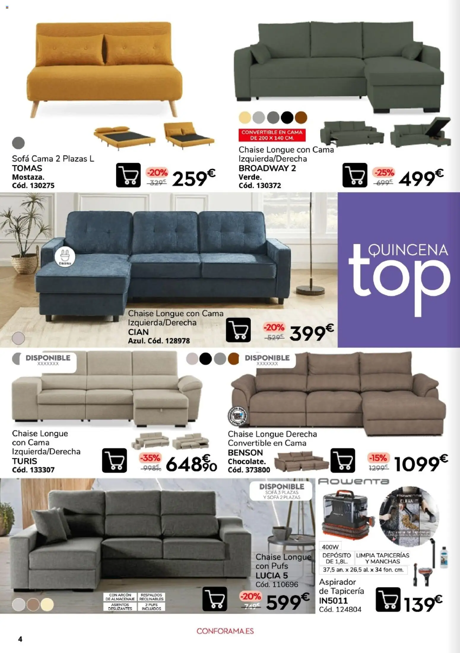 Conforama Quincena top │ válido desde el 10/09/2026 | Página: 4 | Productos: Cama, Almacenaje, Sofá, Aspirador