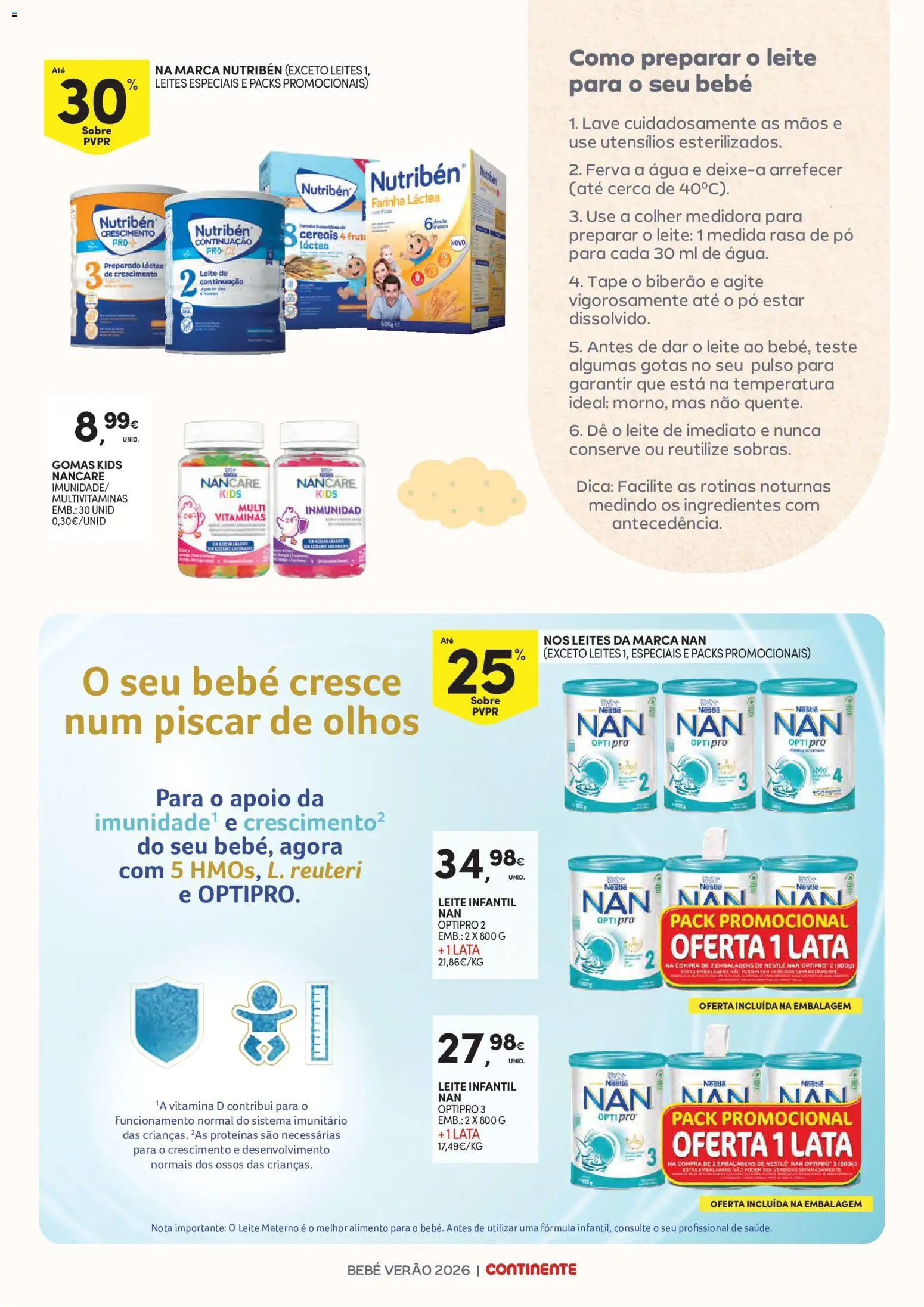 Continente Bebé Verão │ válido de 30/06/2026 | Página: 4 | Produtos: Agua, Leite infantil, Vitamina d, Cereais