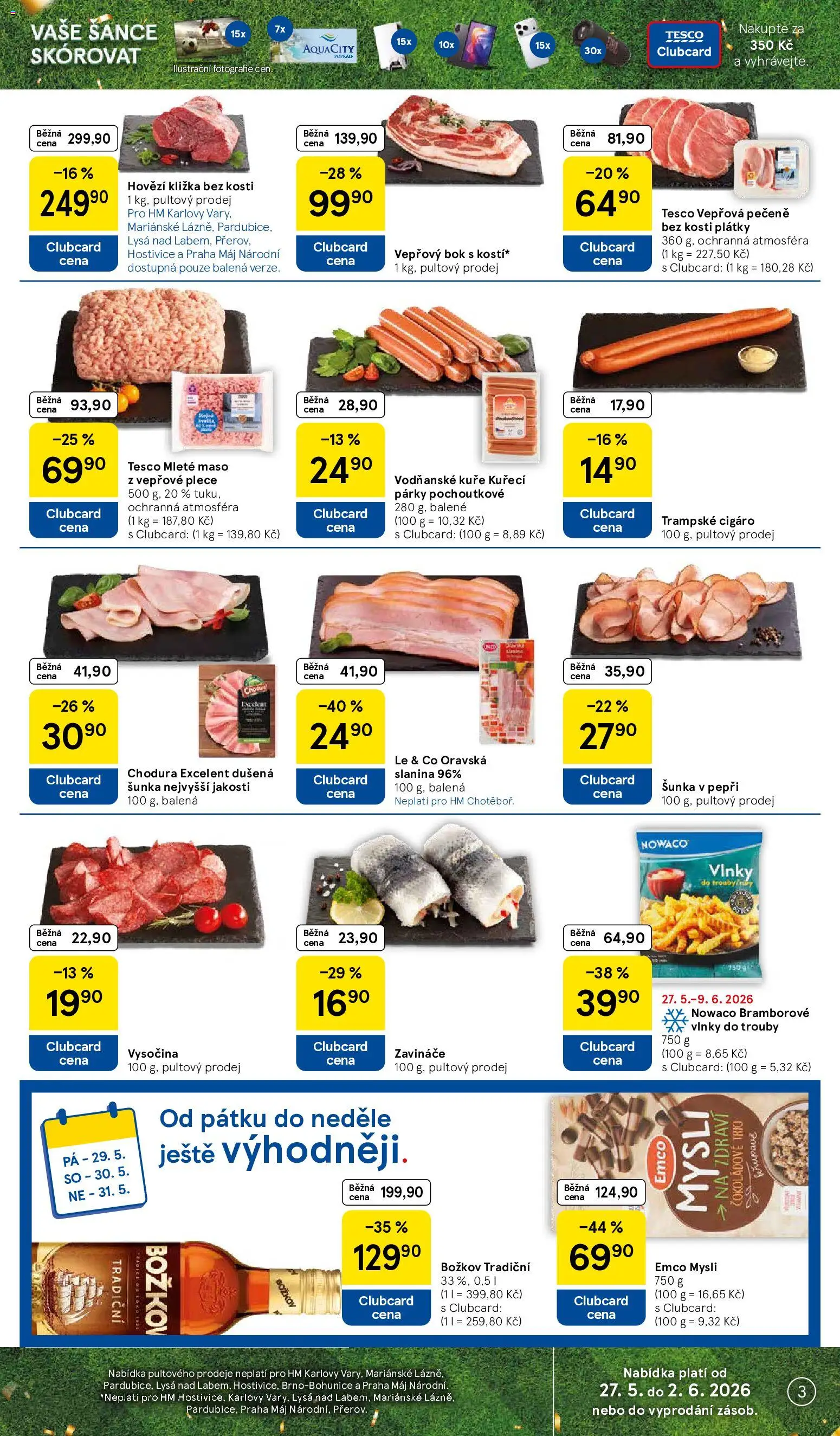 Tesco leták - Hypermarket od 27.05.2026 | Strana: 3 | Produkty: Párky, Vepřový bok, Hovězí kližka, Maso
