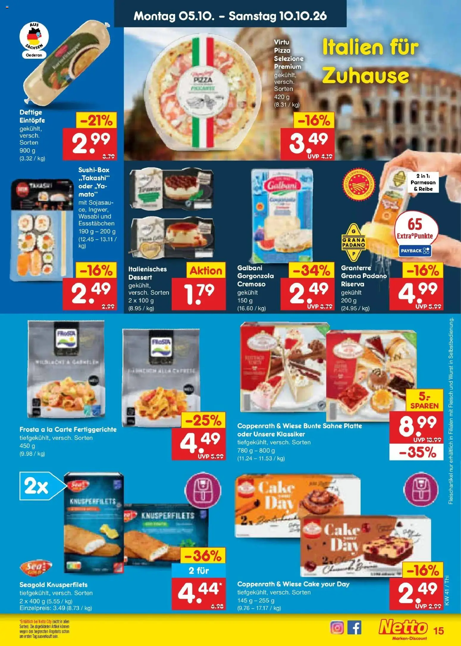 Netto Marken-Discount Prospekt Pirna – gültig ab 05.10.2026 | Seite: 15 | Produkte: Grana Padano, Frosta, Wurst, Sahne