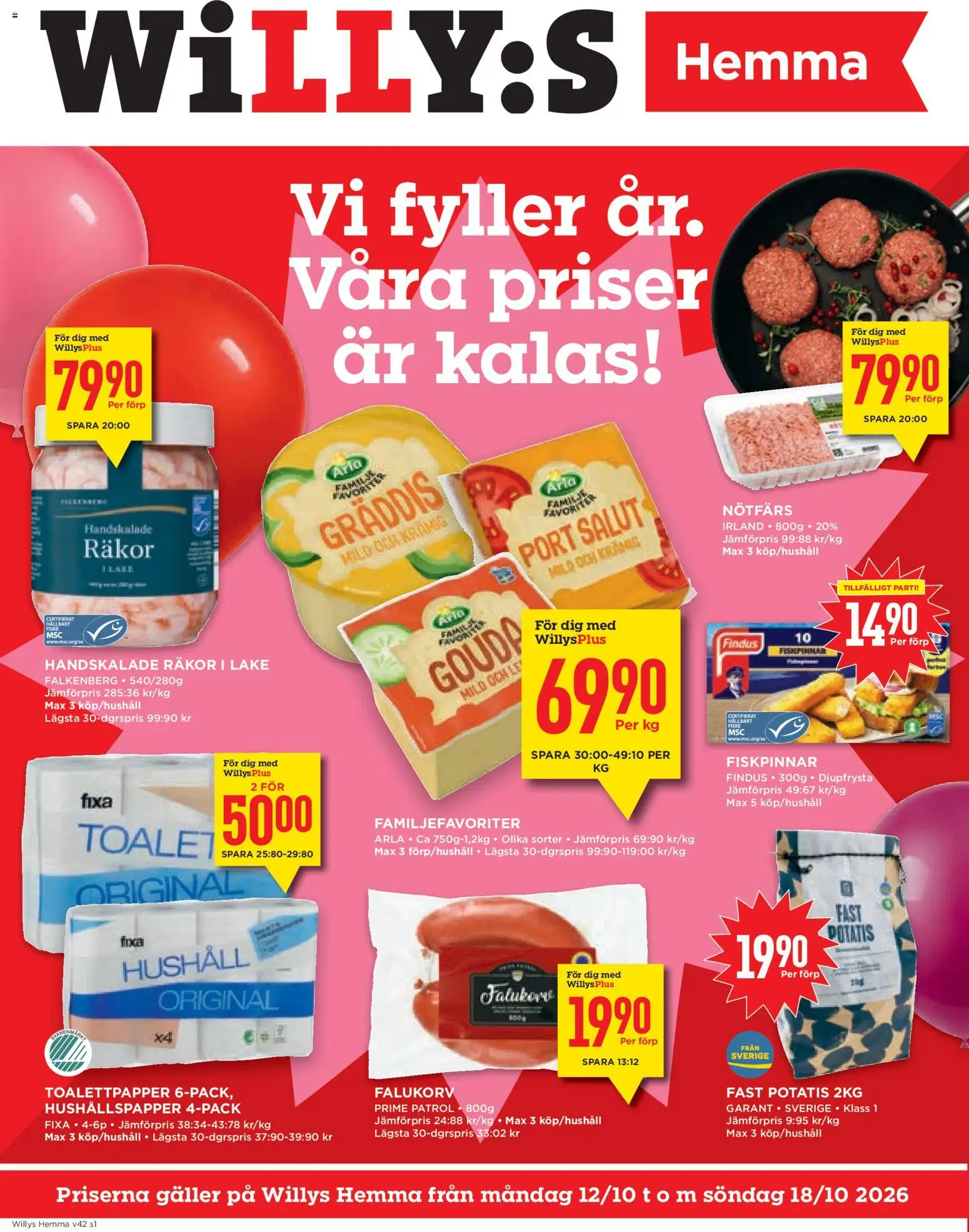 Willys reklamblad aktuell från 12/10/2026 | Sida: 1 | Produkter: Toalettpapper, Falukorv, Potatis, Gouda