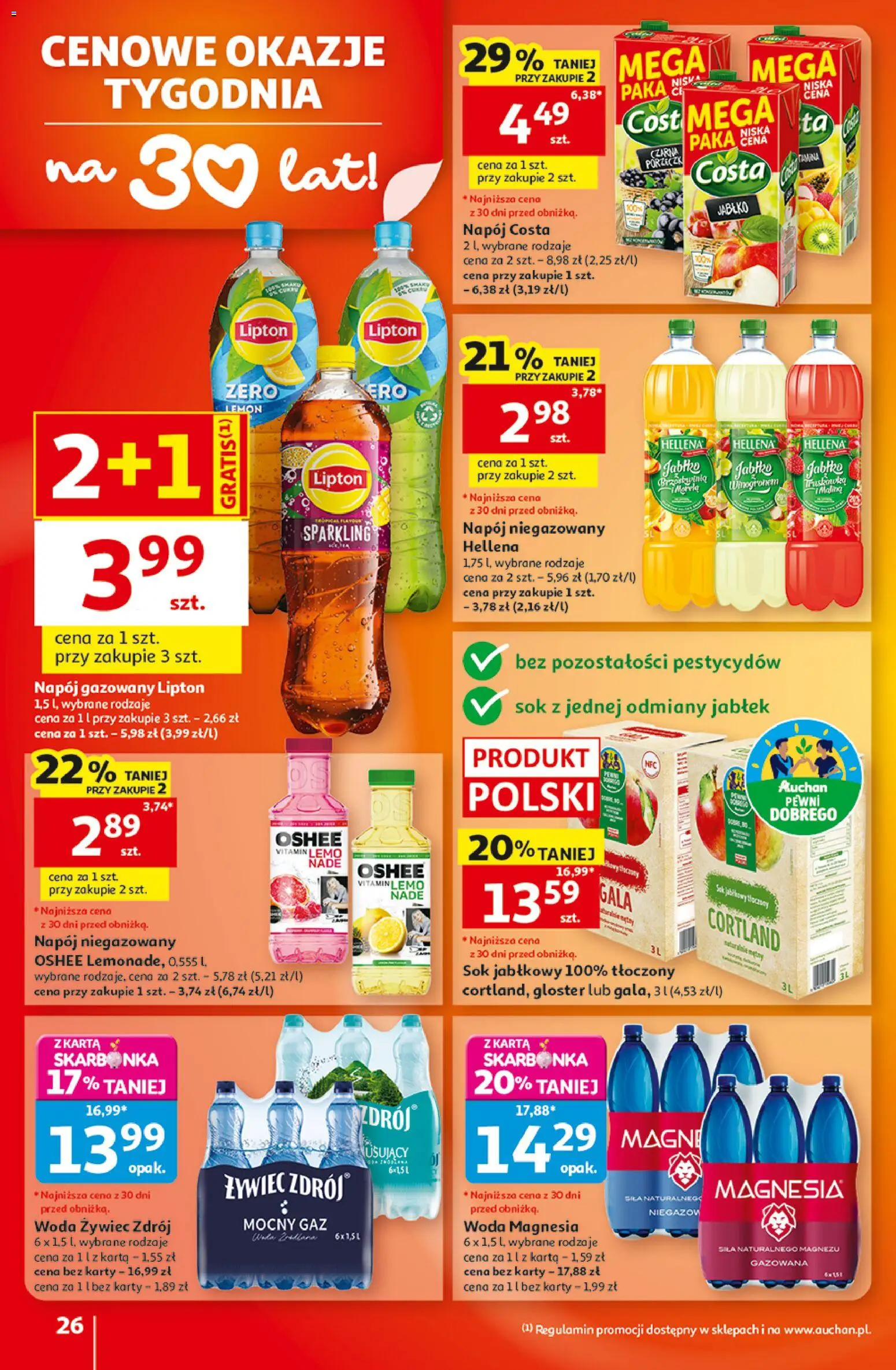 Auchan gazetka - 30 Lat Hipermarket od 10.09.2026 | Strona: 26 | Produkty: Karta, Woda żywiec, Sok jabłkowy tłoczony, Woda