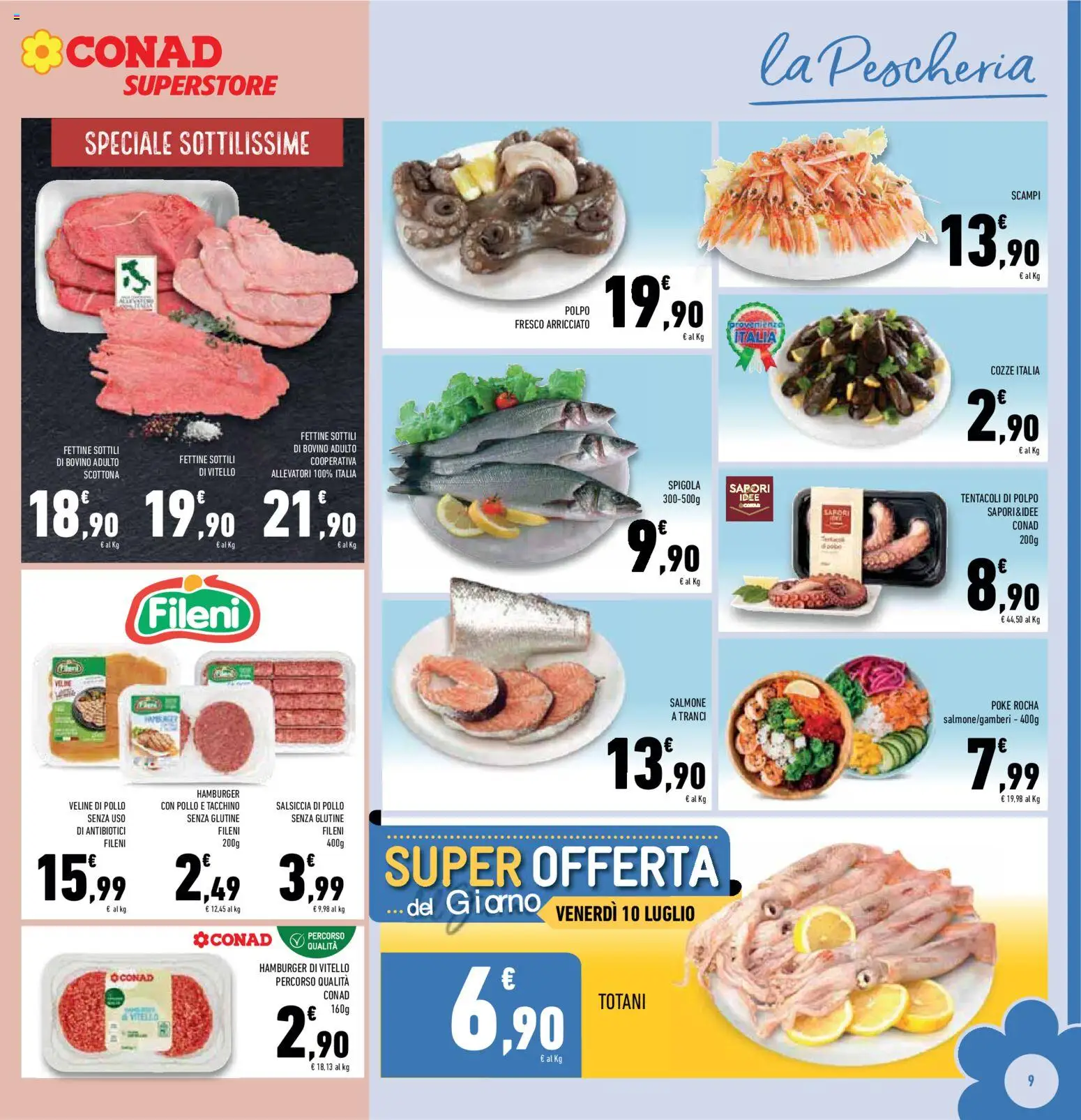 Volantino Conad del 01/07/2026 | Pagina: 9 | Prodotti: Bovino, Salmone, Veline, Polpo