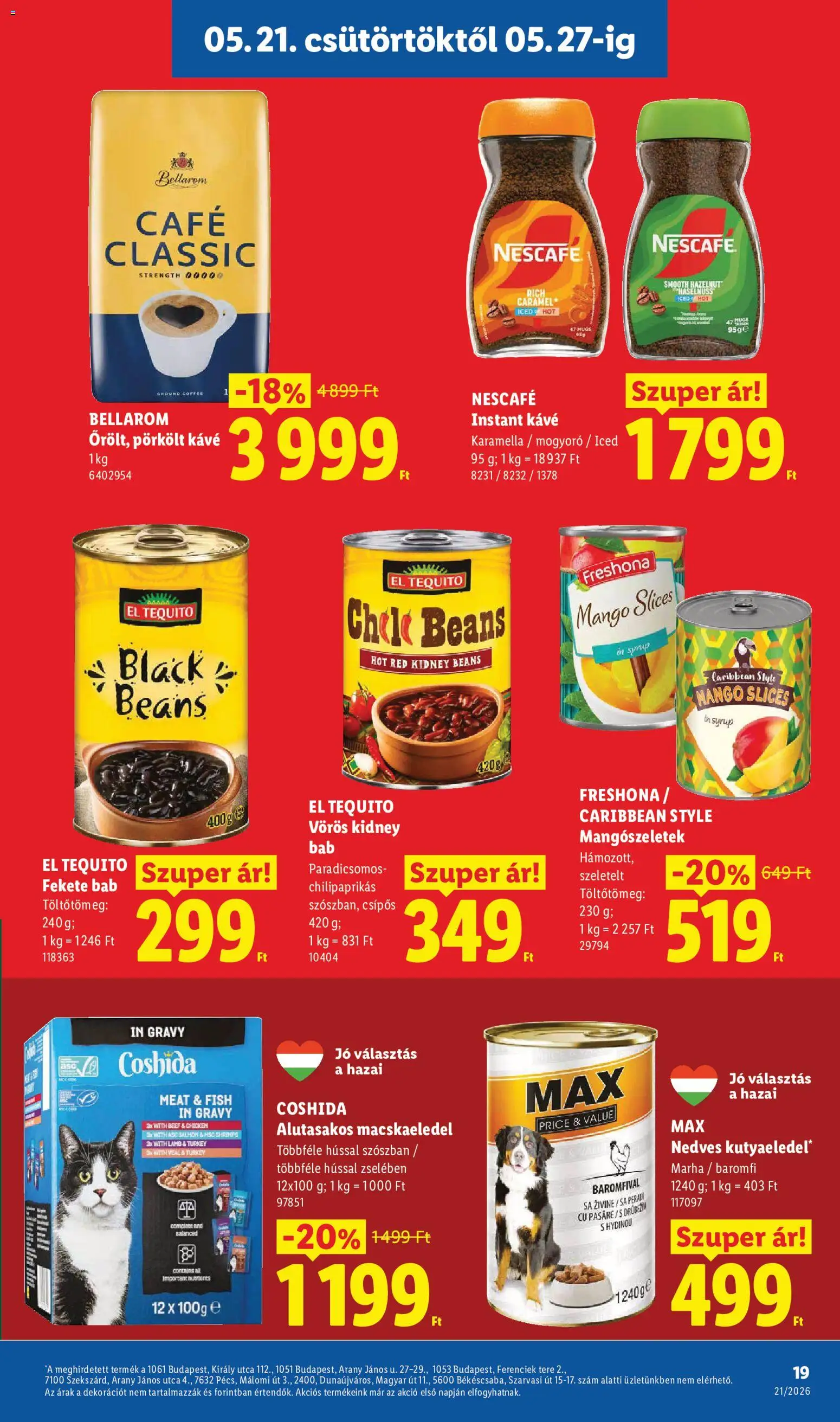 Lidl akciós ujság - amely érvényes a következő dátumtól: 21.05.2026 | Oldal: 19 | Termékek: Nescafé, Macskaeledel, Kávé, Mangó