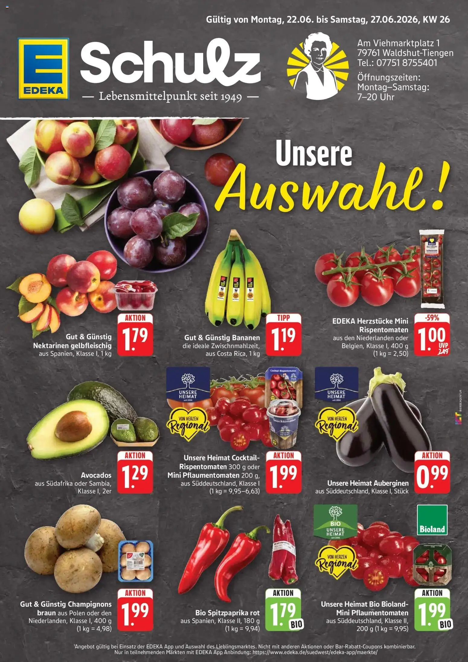 Edeka prospekt Waldshut-Tiengen – gültig ab 21.06.2026 | Seite: 1 | Produkte: Nektarinen, Bananen, Tomaten, Champignons