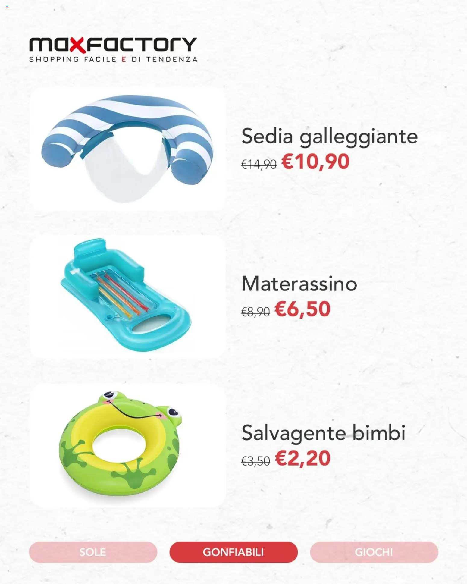 Volantino Max Factory del 26.05.2026 | Pagina: 3 | Prodotti: Salvagente, Sedia