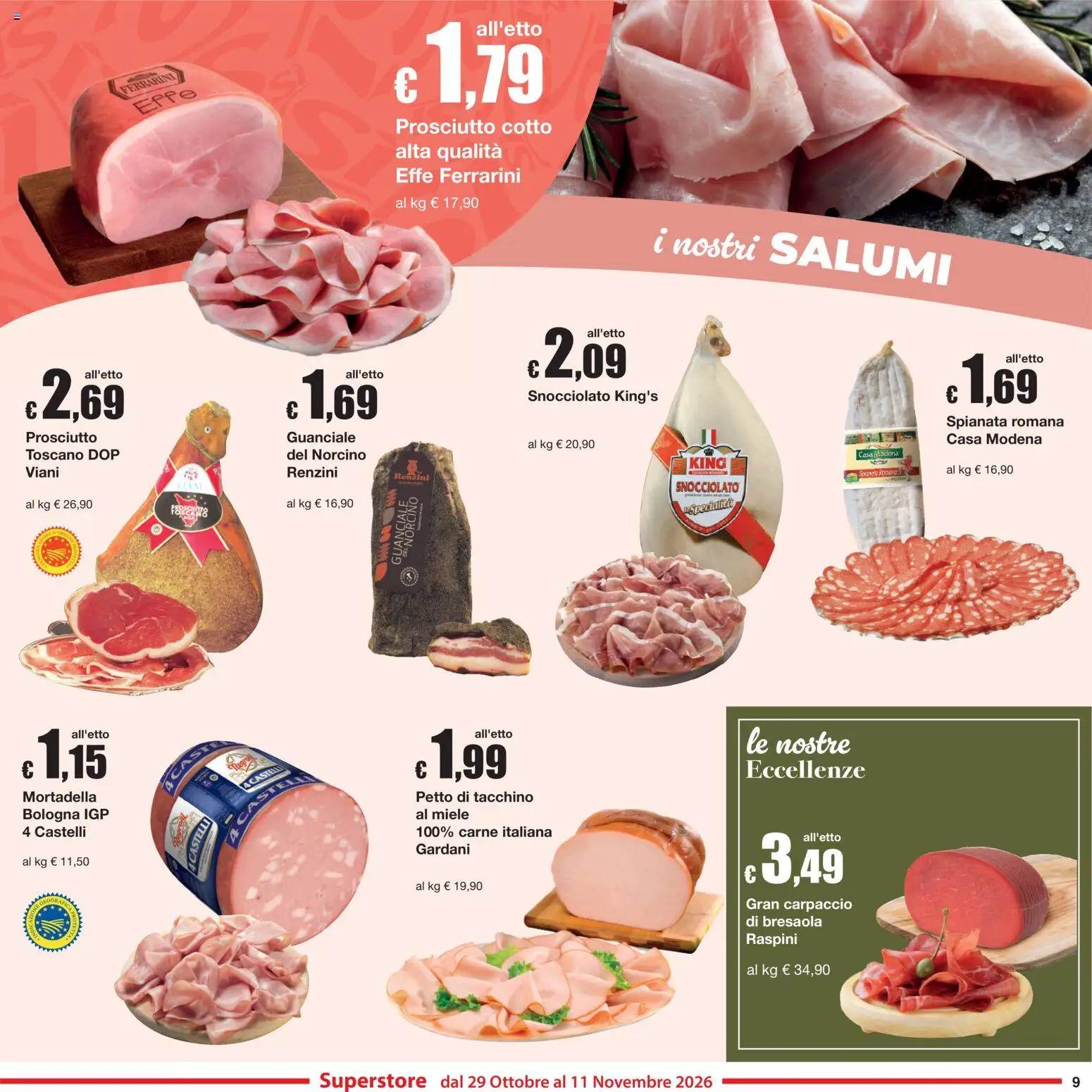 Volantino Sì con Te del 29/10/2026 | Pagina: 9 | Prodotti: Prosciutto Cotto, Bresaola, Tacchino, Guanciale