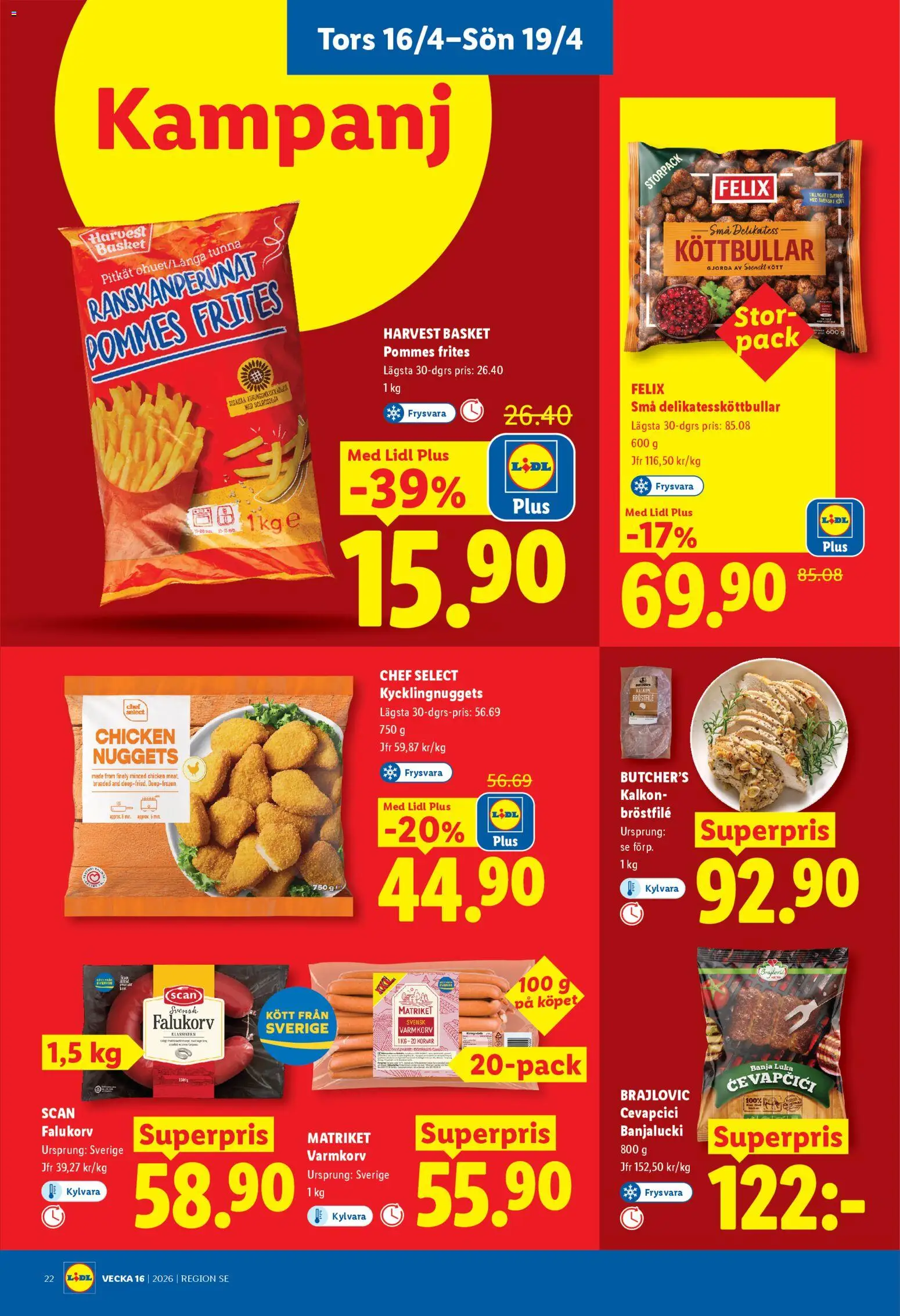 Lidl reklamblad aktuell från 13.04.2026 | Sida: 27 | Produkter: Varmkorv, Falukorv, Kalkon, Pommes frites