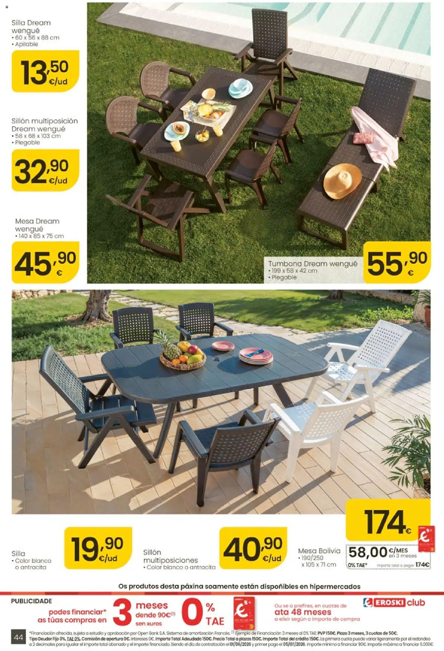 Eroski Ofertóns de verán │ válido desde el 28.05.2026 | Página: 44 | Productos: Tumbona, Sillón, Mesa, Silla