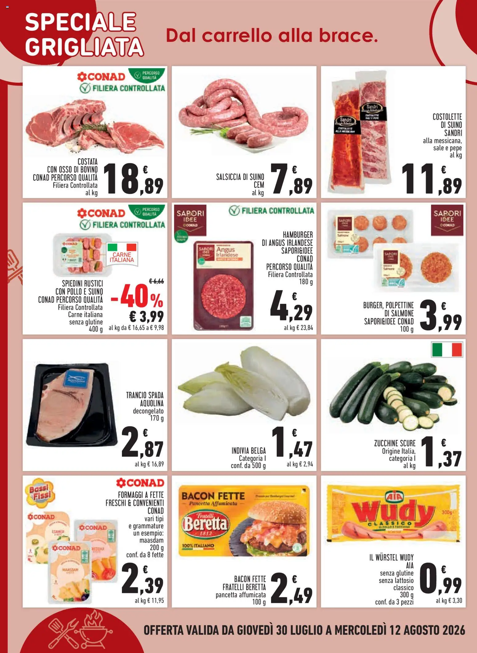 Volantino Conad del 30/07/2026 | Pagina: 4 | Prodotti: Bovino, Pancetta, Indivia, Spiedini