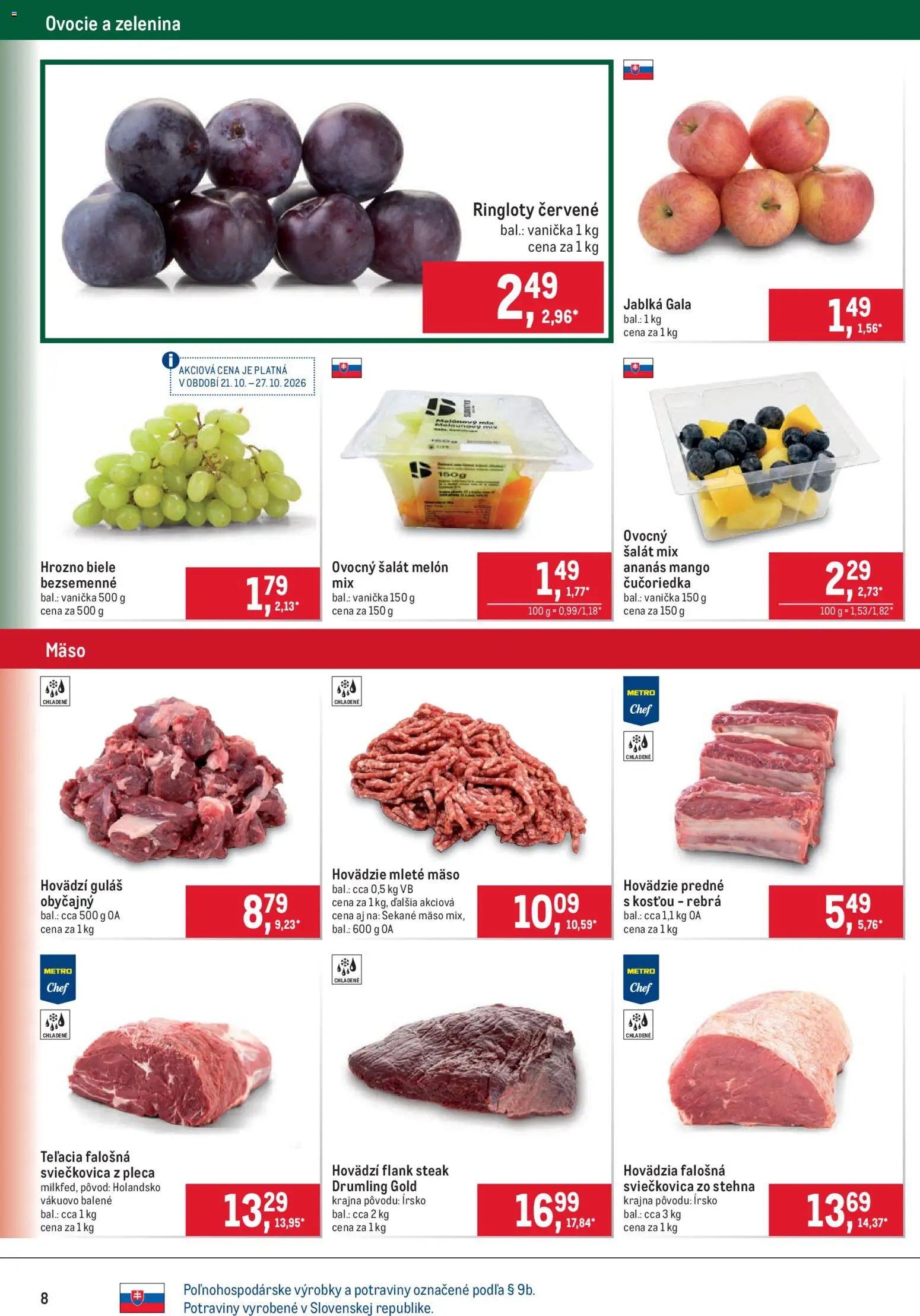 Nové Metro akcie – leták je platný od 21.10.2026 | Strana: 8 | Produkty: Jablká, Ananás, Steak, Hrozno