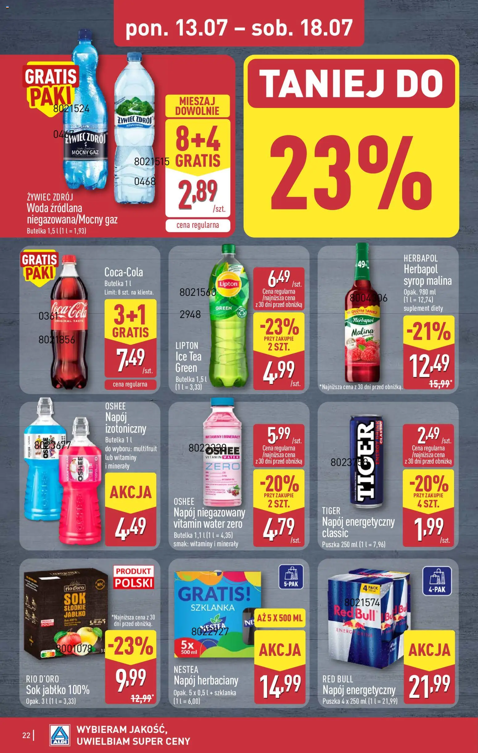 Aldi gazetka od 13.07.2026 | Strona: 22 | Produkty: Szklanka, Red bull, Ice Tea, Woda źródlana