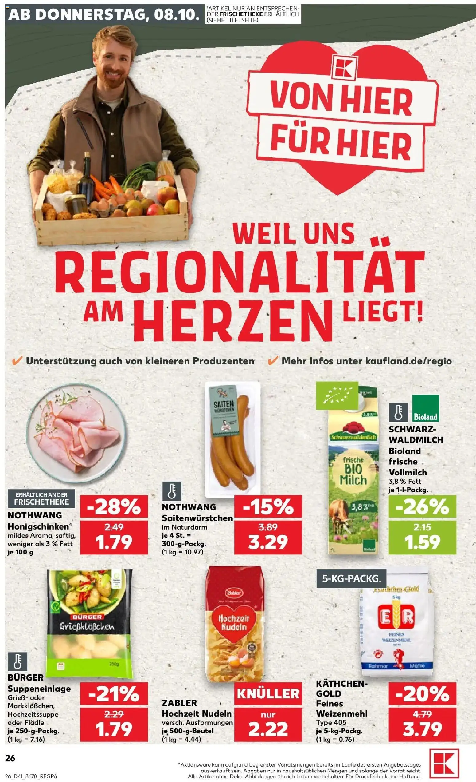 Kaufland Prospekt Schwaigern – gültig ab 08.10.2026 | Seite: 26 | Produkte: Grieß, Milch, Burger, Weizenmehl