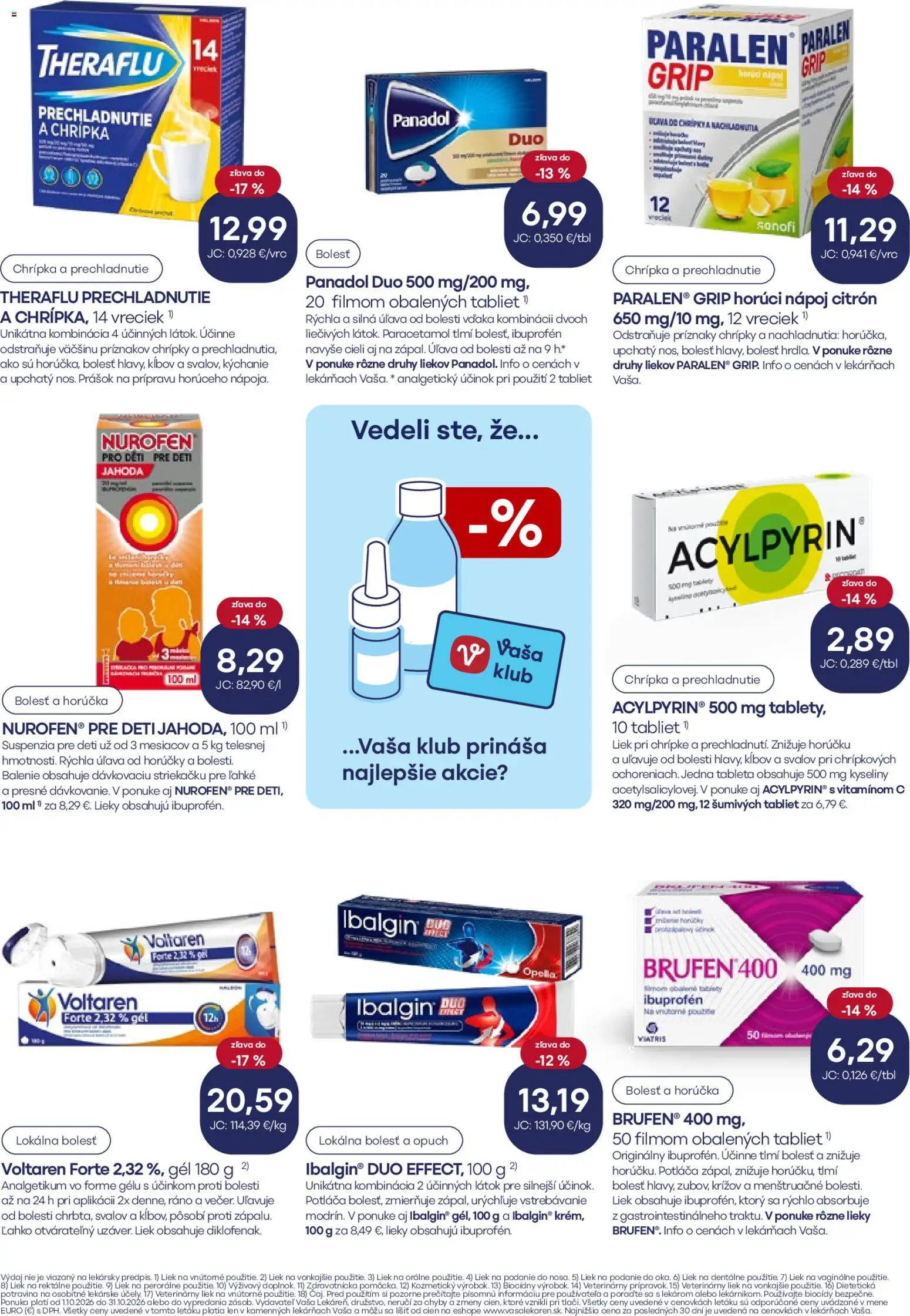 Nové Vaša lekáreň akcie – leták je platný od 01.10.2026 | Strana: 4 | Produkty: Theraflu, Voltaren