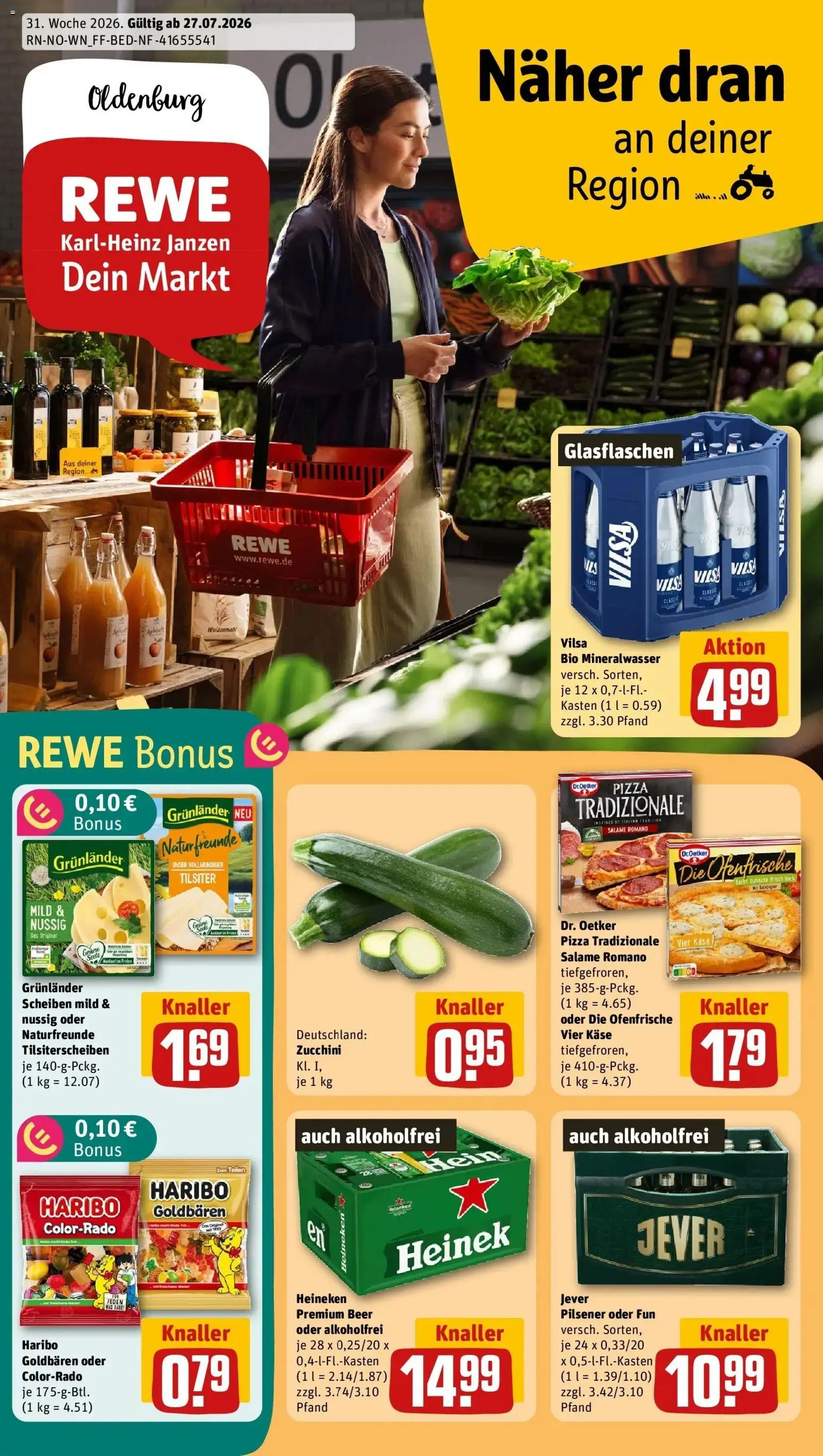 Rewe Prospekt Oldenburg / Donnerschwee – gültig ab 27.07.2026 | Seite: 1 | Produkte: Weizenmehl, Mineralwasser, Heineken, Pizza