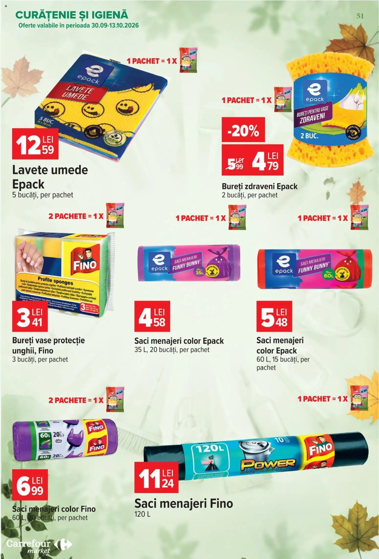 Noul catalog Carrefour – valabil de la 30.09.2026 | Pagină: 51 | Produse: Vase, Saci menajeri, Lavete, Power