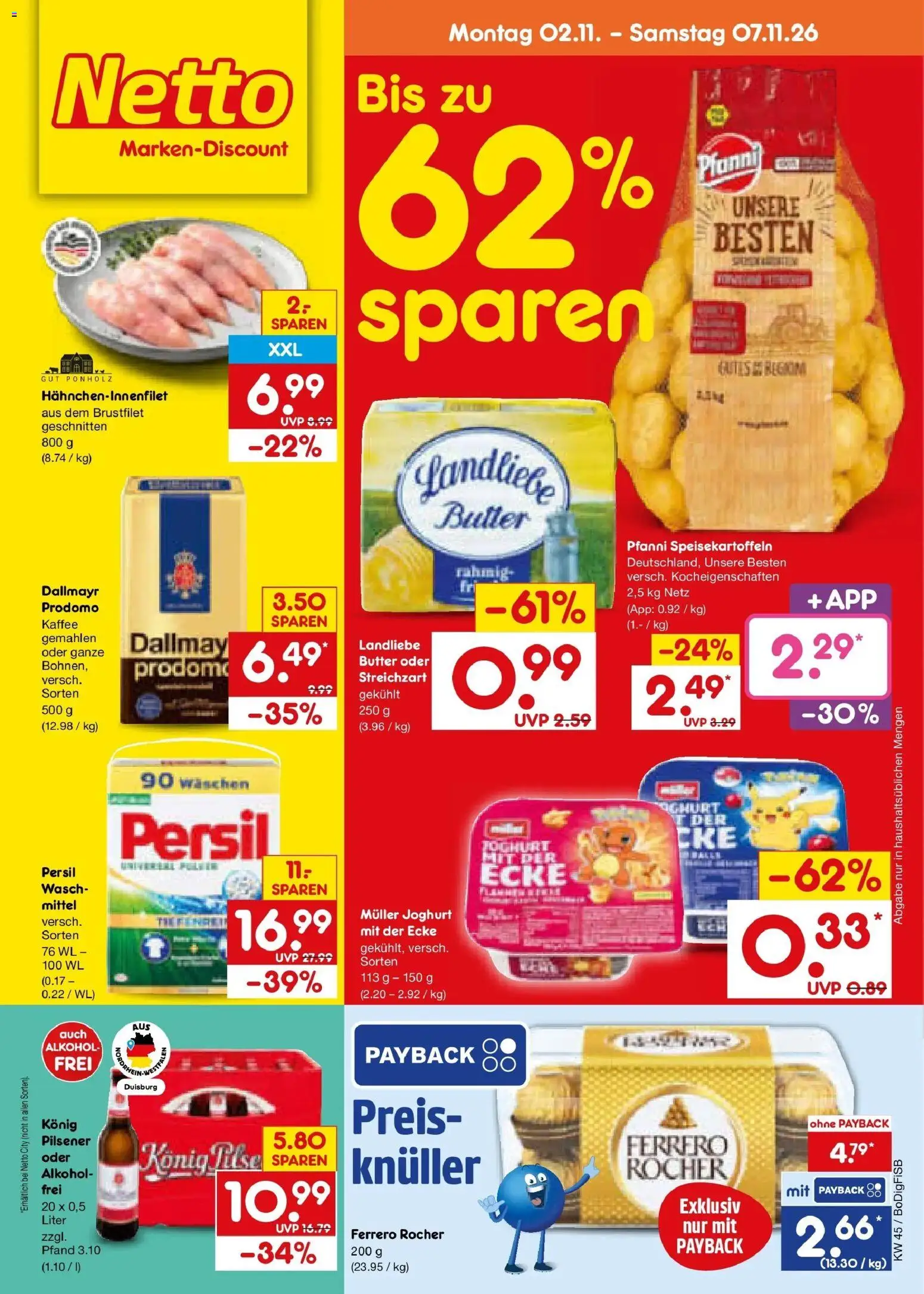 Netto Marken-Discount Prospekt Bochum – gültig ab 02.11.2026 | Seite: 1 | Produkte: Konig pilsener, Ferrero rocher, Butter, Persil