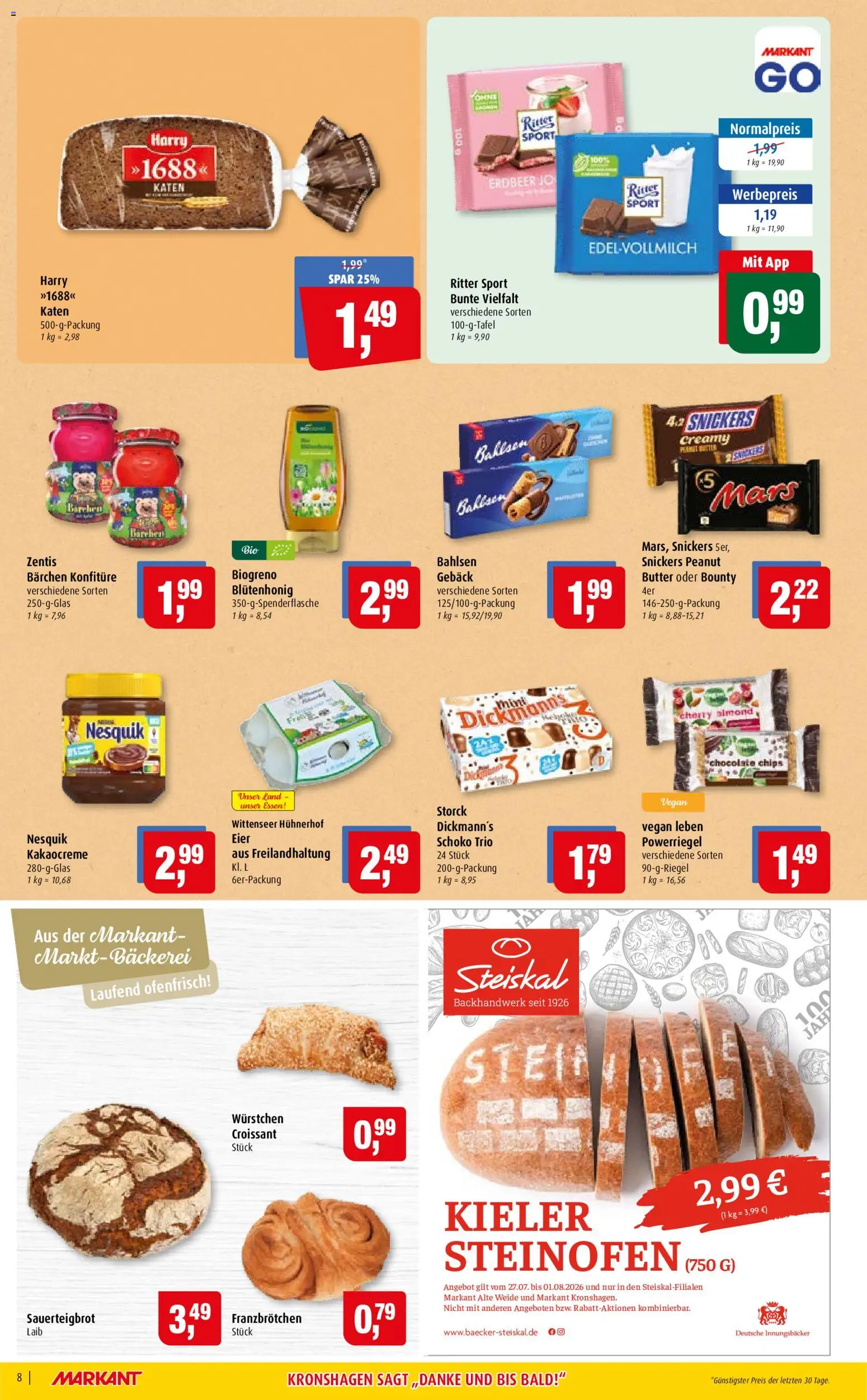 Markant Prospekt – gültig ab 27.07.2026 | Seite: 8 | Produkte: Bäckerei, Ritter sport, Snickers, Chips