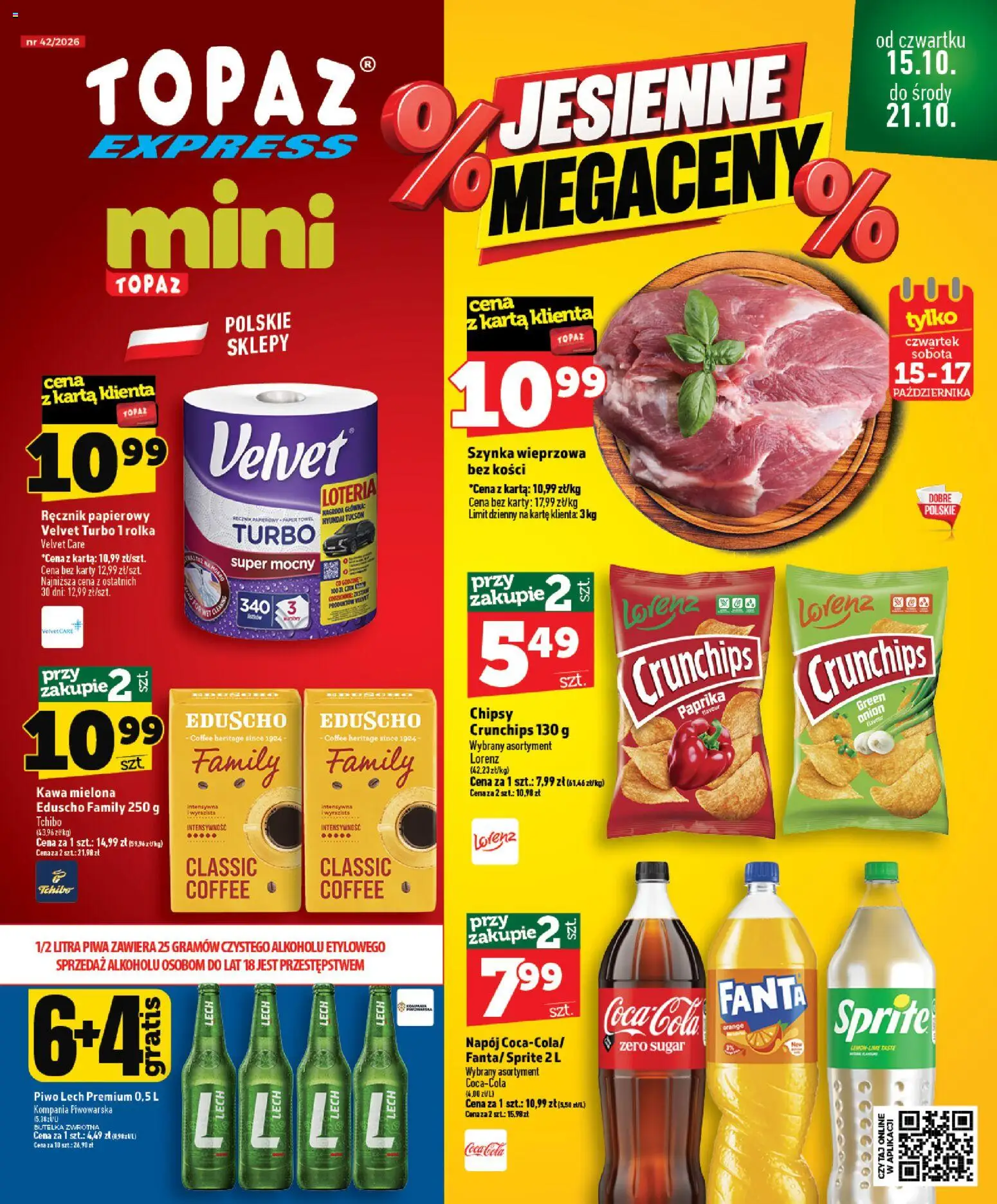 Topaz gazetka - Express od 15.10.2026 | Strona: 1 | Produkty: Karta, Lech, Kawa, Ręcznik papierowy