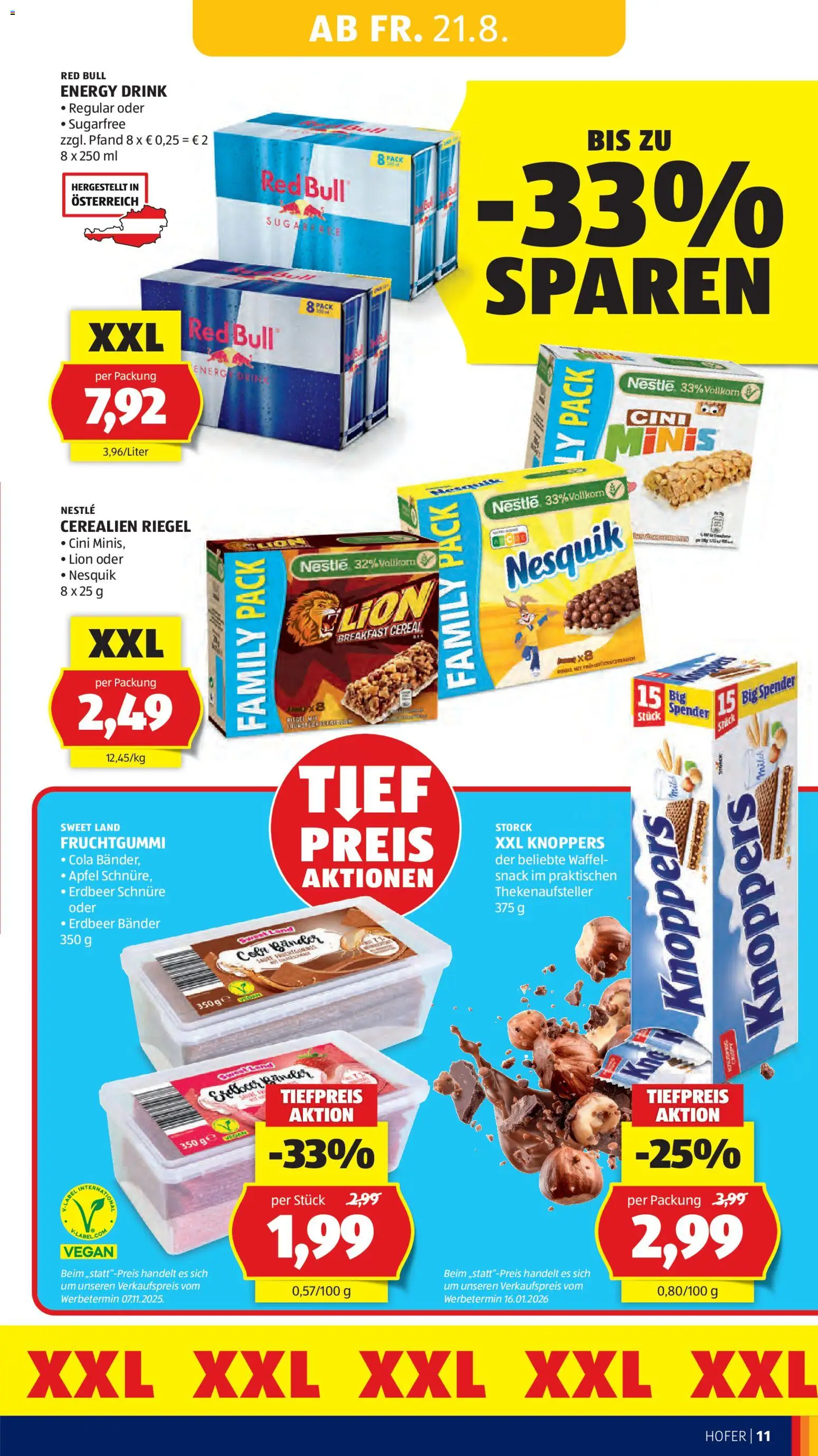 Hofer AT akciós ujság - amely érvényes a következő dátumtól: 2026.08.21. | Oldal: 21 | Termékek: Knoppers, Energy drink, Cola, Vegán