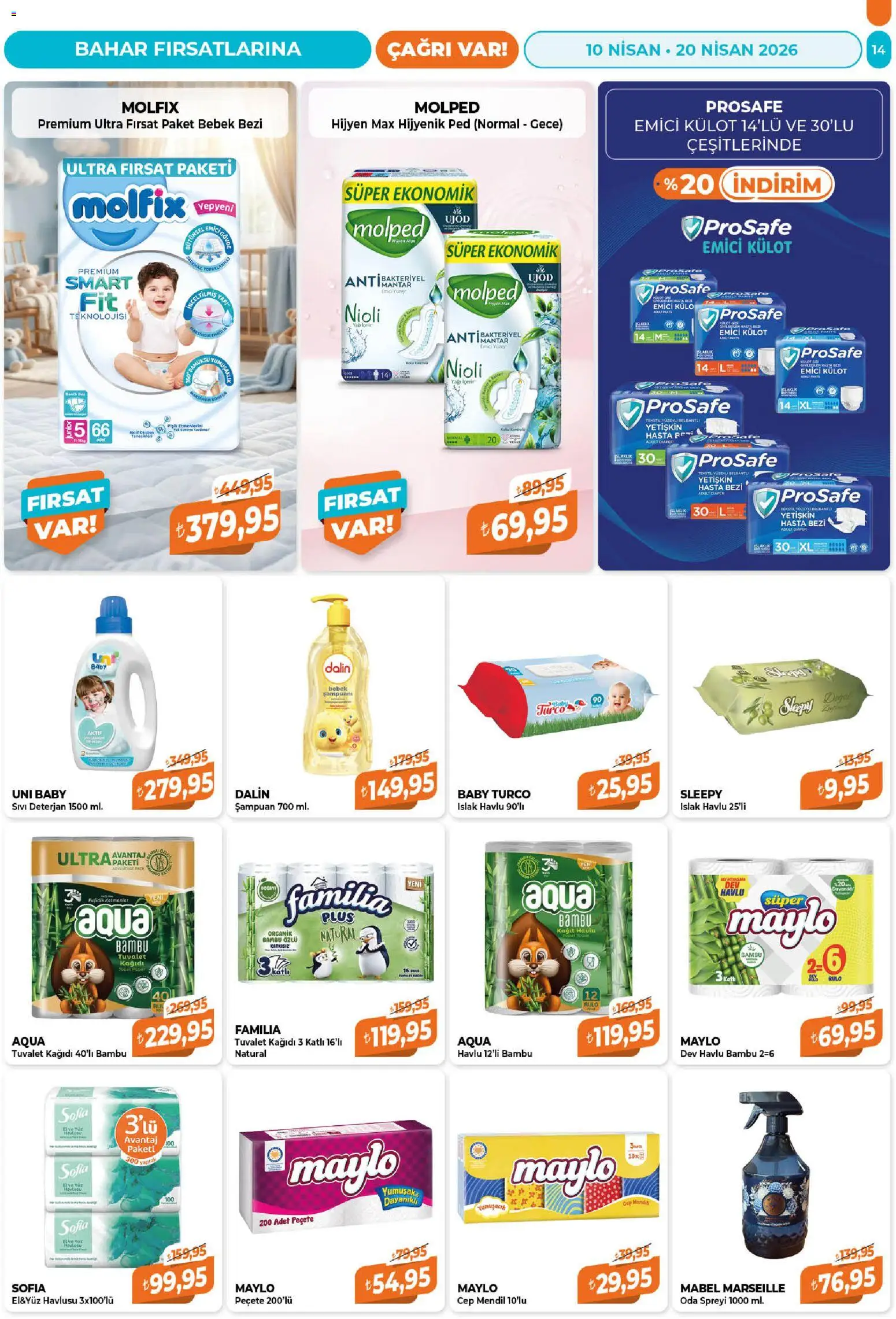 Çağrı Market Katalog - 10.04.2026 tarihinden itibaren geçerlidir | Sayfa: 14 | Ürünler: Deterjan, Külot, Tuvalet kağıdı, Mantar
