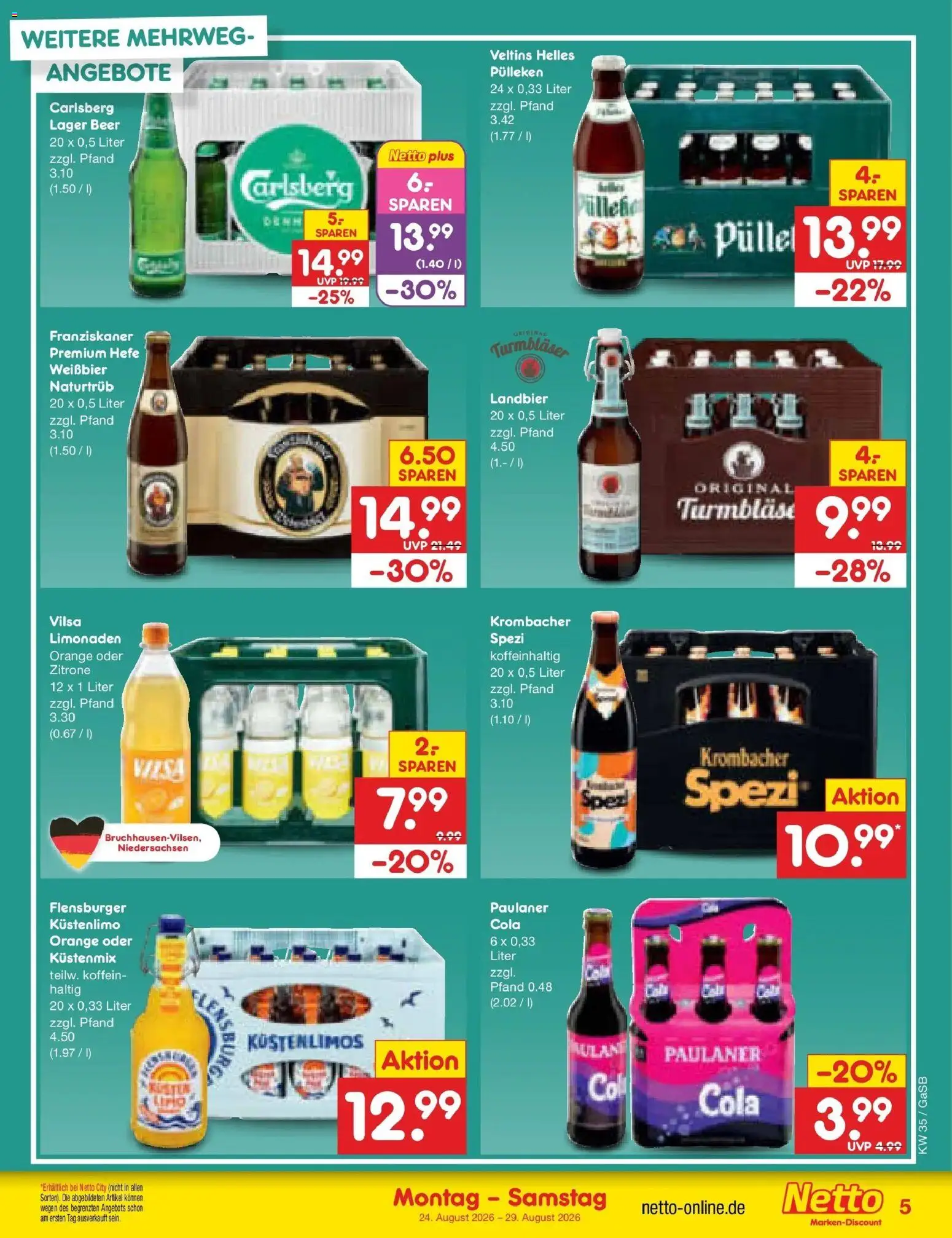 Netto Marken-Discount Prospekt Oldenburg – gültig ab 24.08.2026 | Seite: 5 | Produkte: Franziskaner, Carlsberg, Weißbier, Zitrone