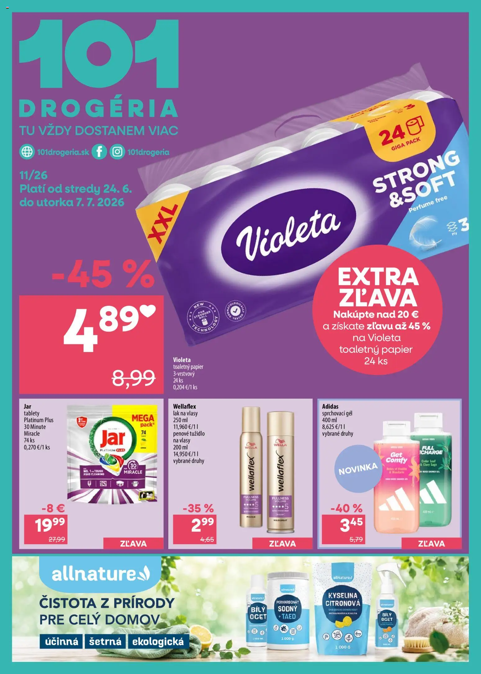 Nové 101 drogerie akcie – leták je platný od 24.06.2026 | Strana: 1 | Produkty: Toaletný papier, Lak na vlasy, Adidas