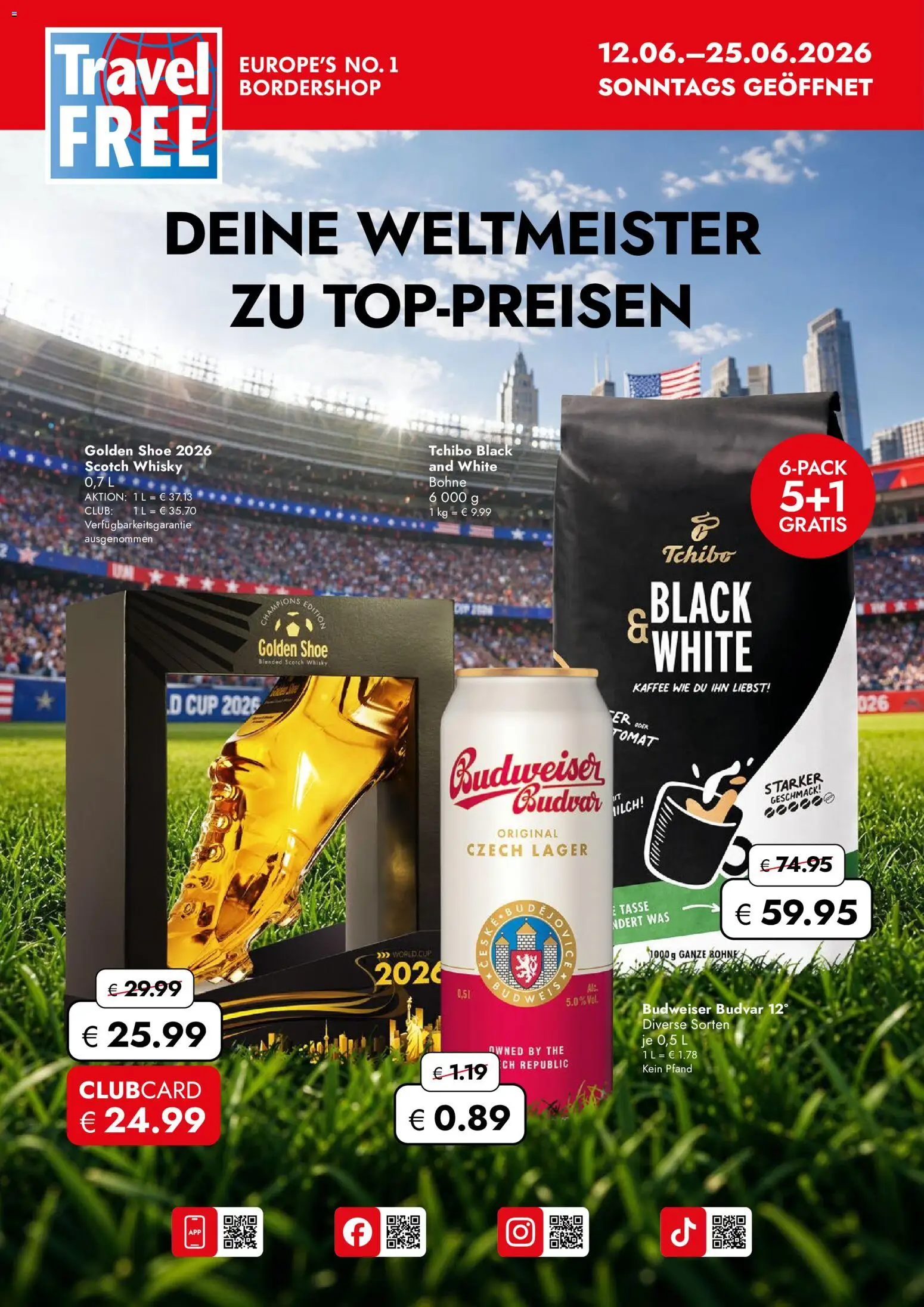 Travel Free  Aktionsangebote – gültig ab 12.06.2026 | Seite: 1 | Produkte: Whisky, Milch, Kaffee, Budweiser