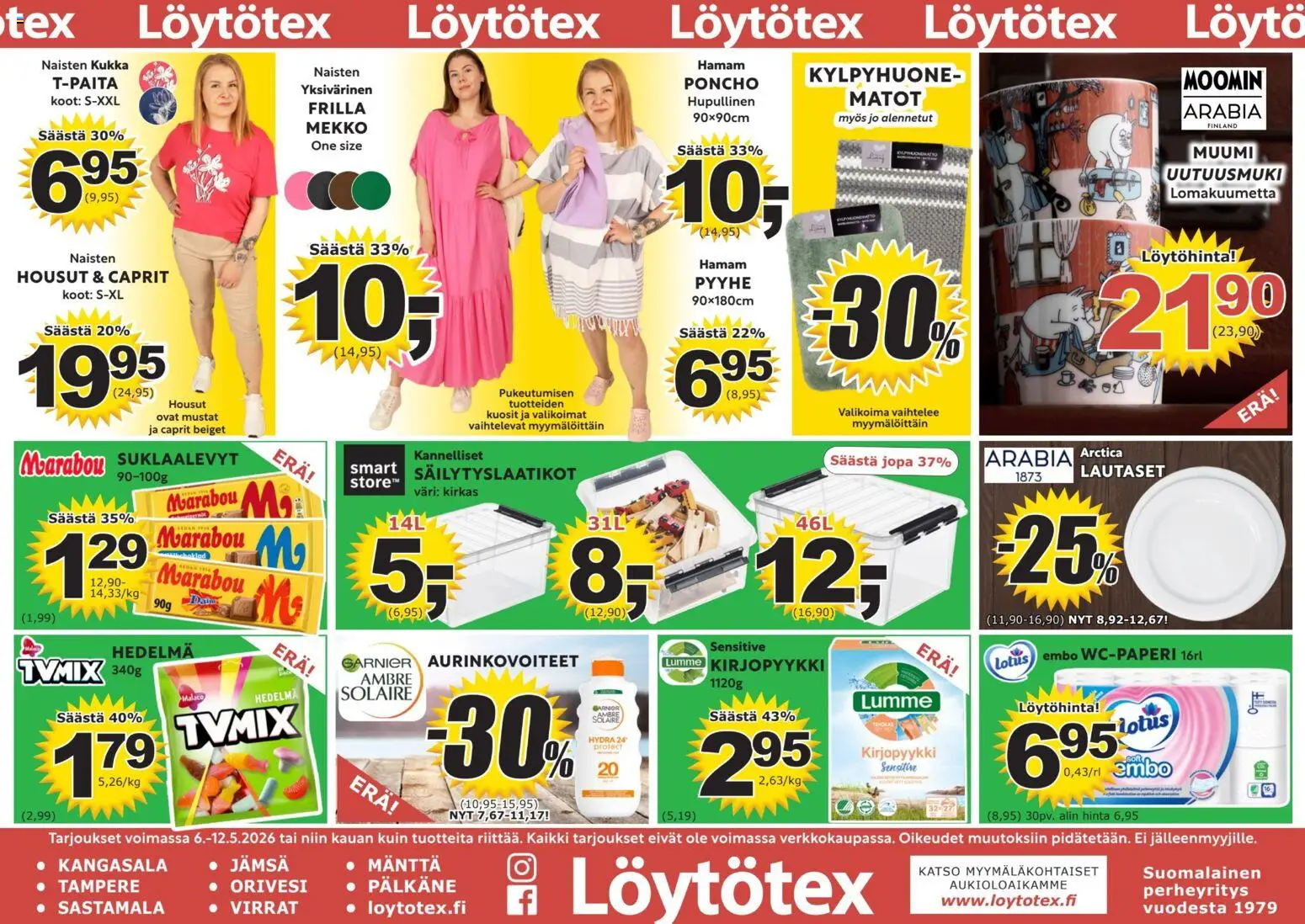 Löytötex tarjoukset – voimassa 06.05.2026 alkaen | Sivu: 1 | Tuotteet: Säilytyslaatikot, Suklaalevyt, Housut, Mekko